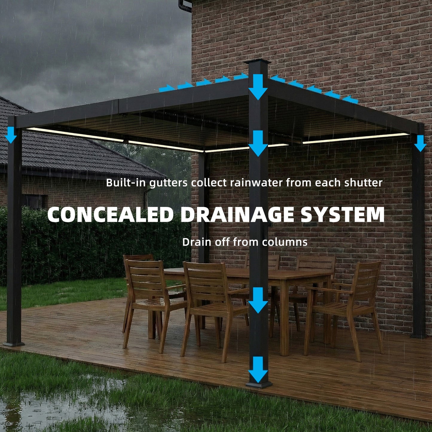 Outsunny 3 x 3 m Louvered Pergola with Solar LED lights, Metal Roof, Patio Gazebo Pergola Canopy with Drainage Gutters, Black
