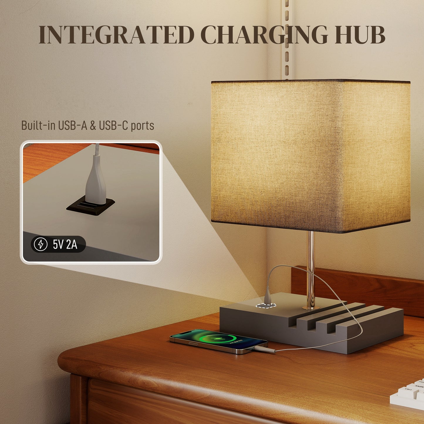 HOMCOM Bedside Lamp with USB A+C Charging Ports and 3 Phone Stands, Modern Table Lamp with Solid Wood Base, E27 Socket, Bulb Not Included, Grey