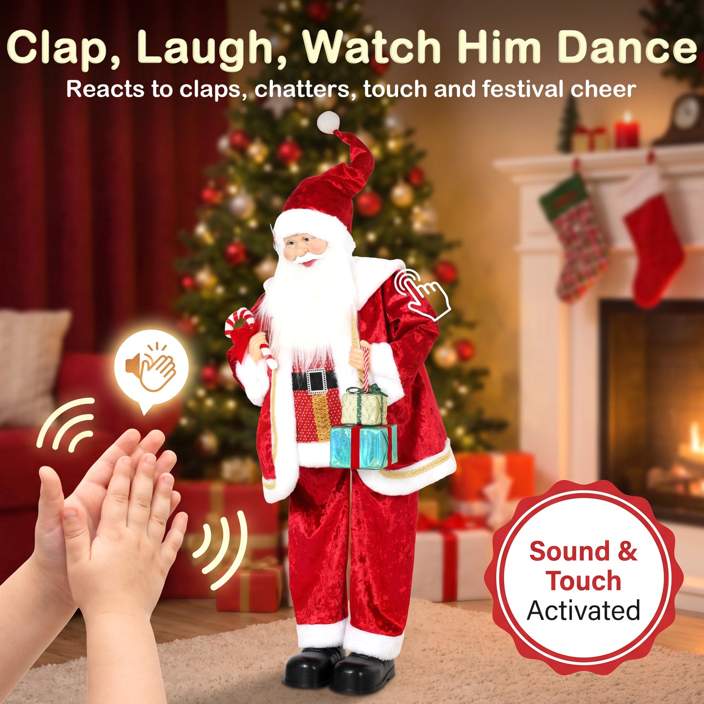 HOMCOM 120cm Life Size Singing Dancing Santa Claus, Standing Musical Animated Santa with Gift and Candy Cane