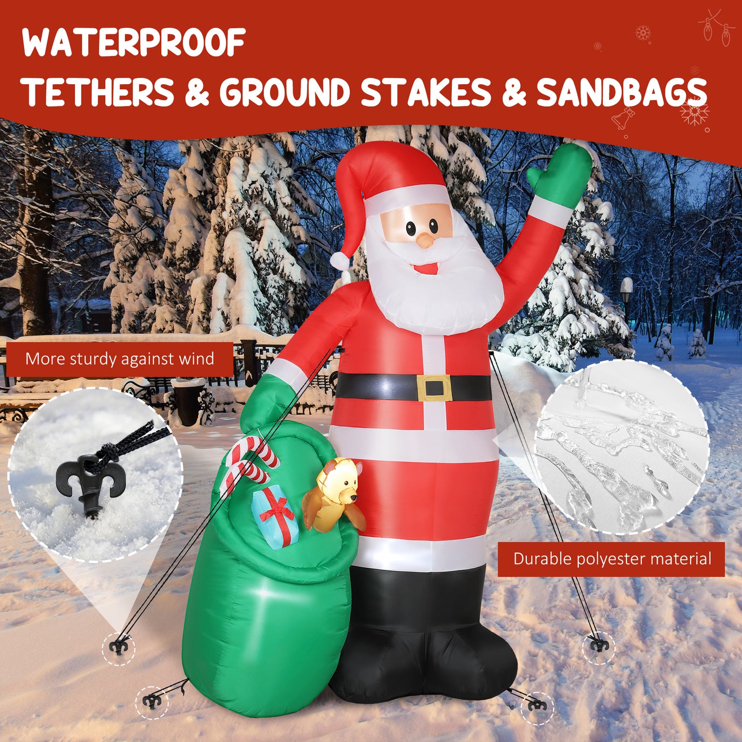 Outsunny 9ft Santa with Bear Sack, Inflatable Christmas Decoration with LED Lights for Garden, Indoor/Outdoor Home Decor