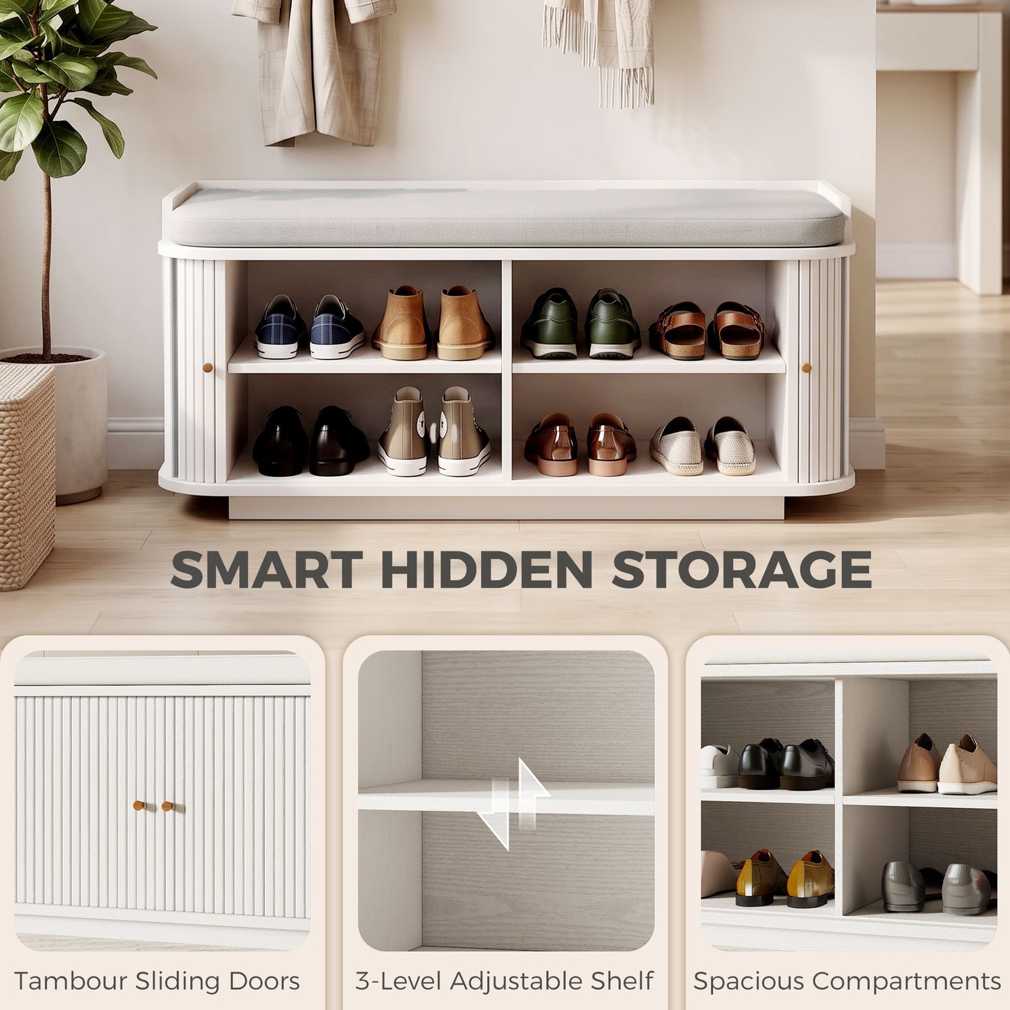 HOMCOM Hallway Storage Unit, Hallway Furniture Set with Shoe Storage Cabinet and 5 Hooks Coat Rack, White