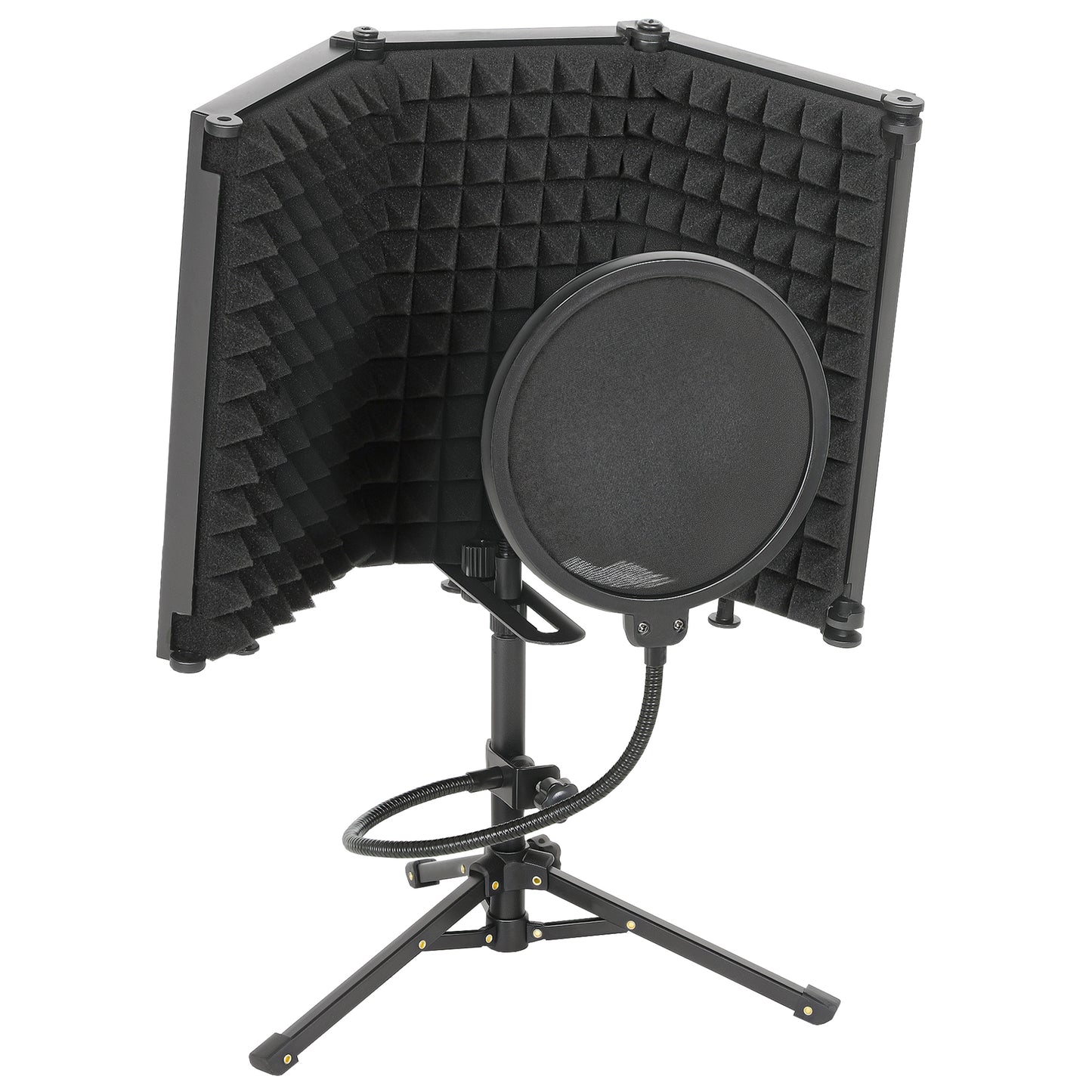 HOMCOM Studio Microphone Isolation Shield with Pop Filter & Tripod Stand, Foldable 3-Panel Foam Shield, 3/8" Threaded Mount, Black