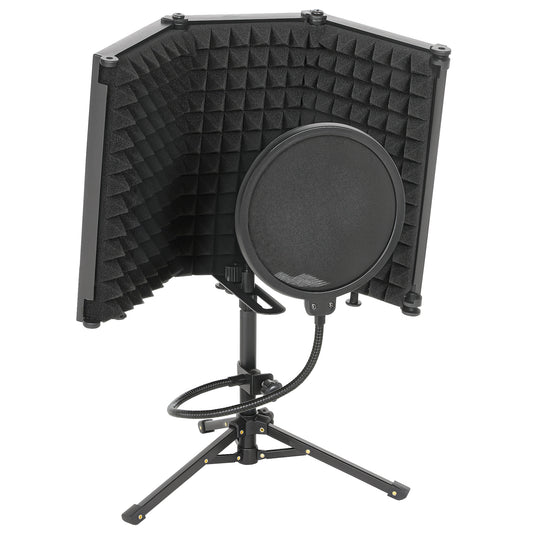 HOMCOM Studio Microphone Isolation Shield with Pop Filter & Tripod Stand, Foldable 3-Panel Foam Shield, 3/8" Threaded Mount, Black