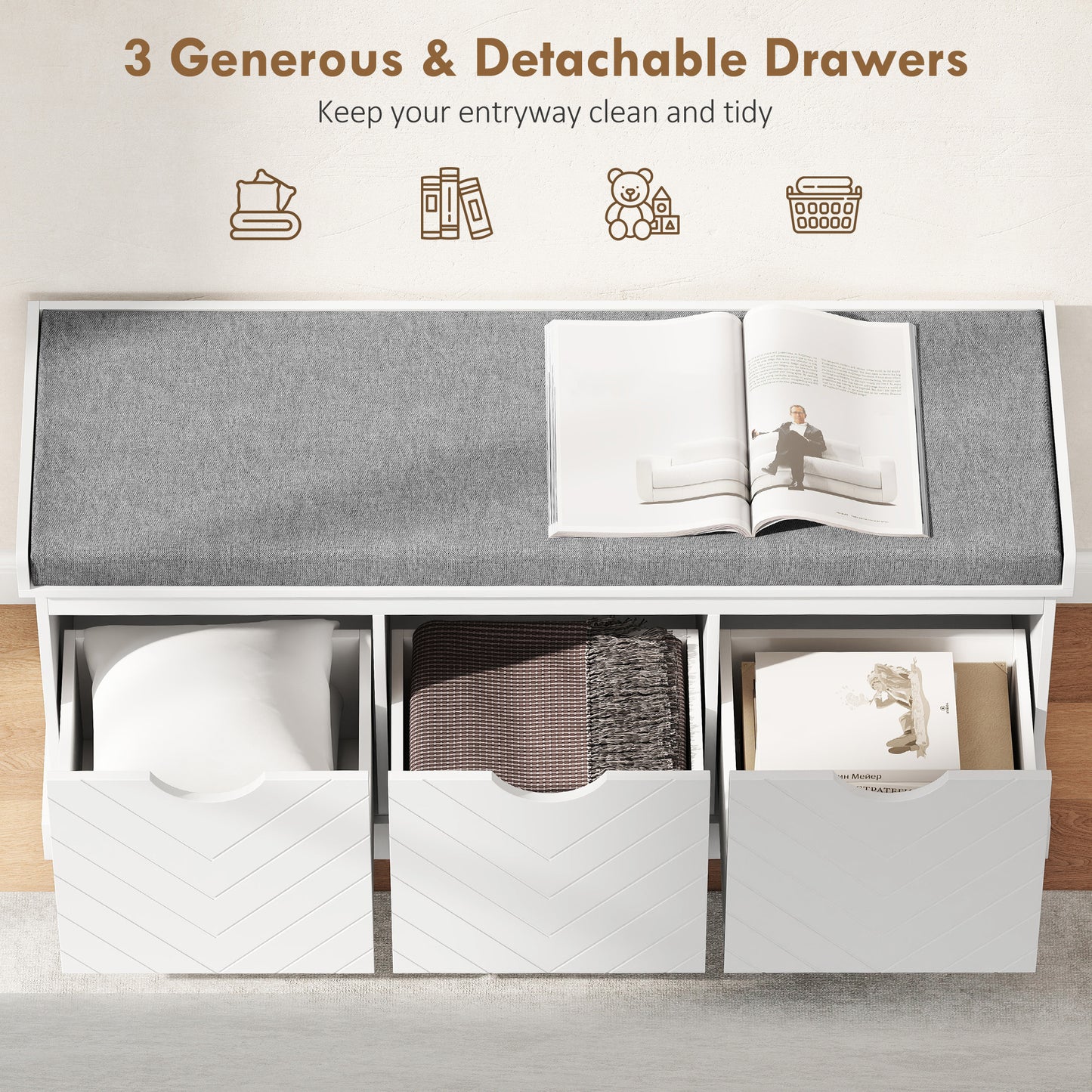 HOMCOM Three-Drawer Shoe Bench, with Seat - White