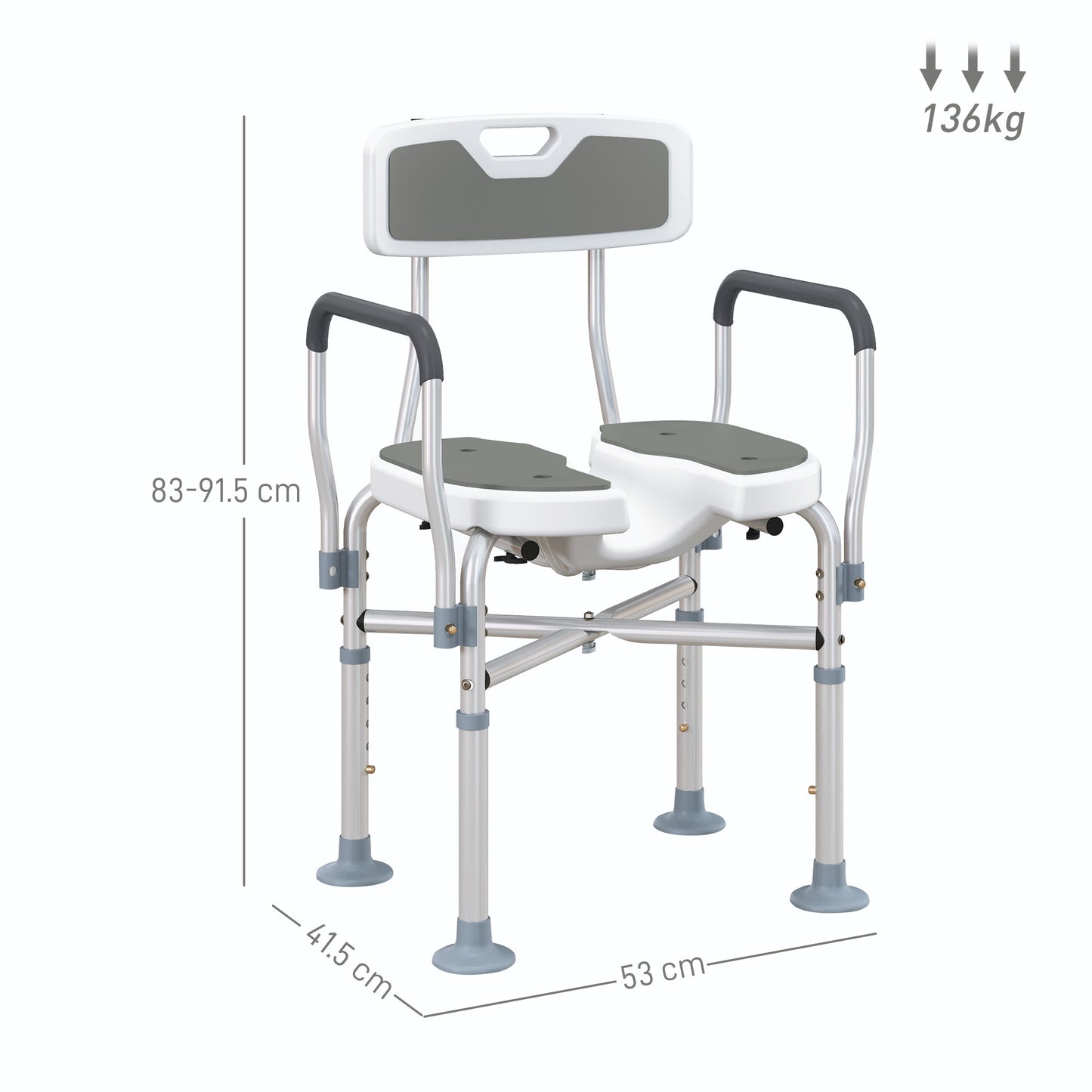 HOMCOM Shower Chair, Upgraded U-shaped Seat, Height Adjustable, Non-slip Feet, Tool-Free, Grey