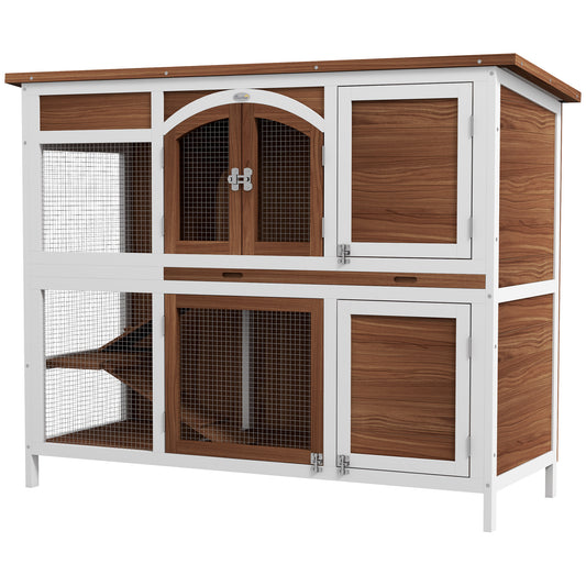 PawHut Two-Tier Wooden Pet Hutch with Openable Roof Slide-Out Tray