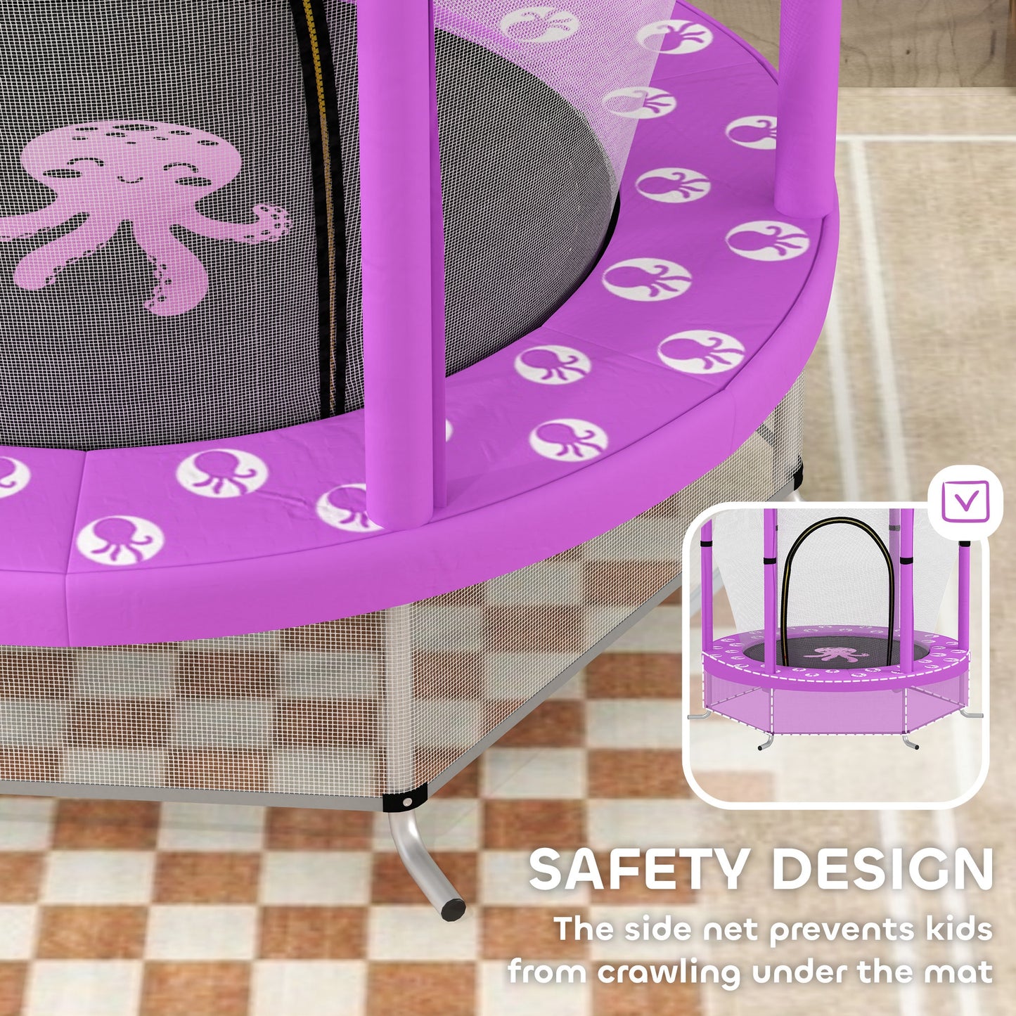 AIYAPLAY 4.6FT Toddler Trampoline w/ Safety Enclosure Net, for Indoor Outdoor Use, Ages 3-6 Years, Octopus Pattern - Purple