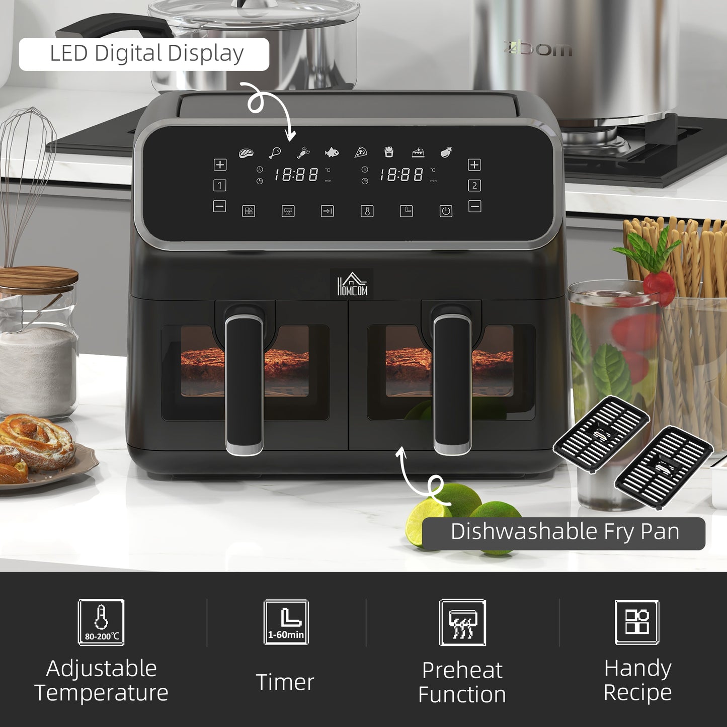 HOMCOM 8L Dual Basket Air Fryer, 80-200℃, with Sync Function - Black/Silver