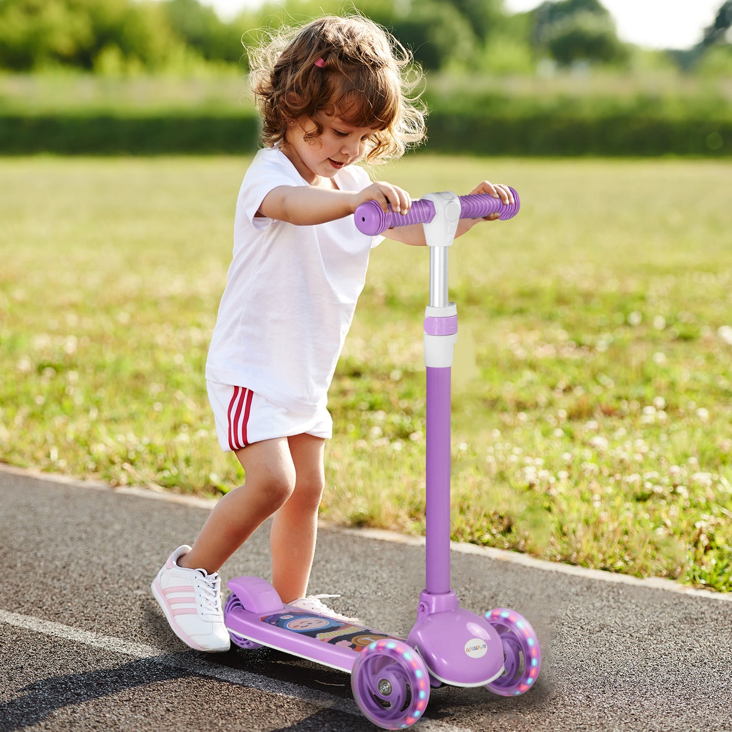 AIYAPLAY Kids 3 Wheel Scooter for 2-6 Years Old w/ Adjustable Height, LED Light, TPE Handlebar, Purple