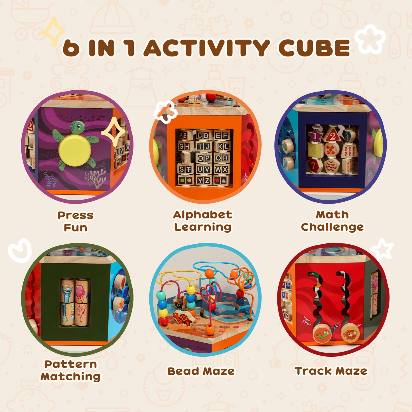 AIYAPLAY Wooden Activity Cube, Baby Toys with Bead Maze, Pattern Sorter for Toddlers Boys and Girls 18+ Months