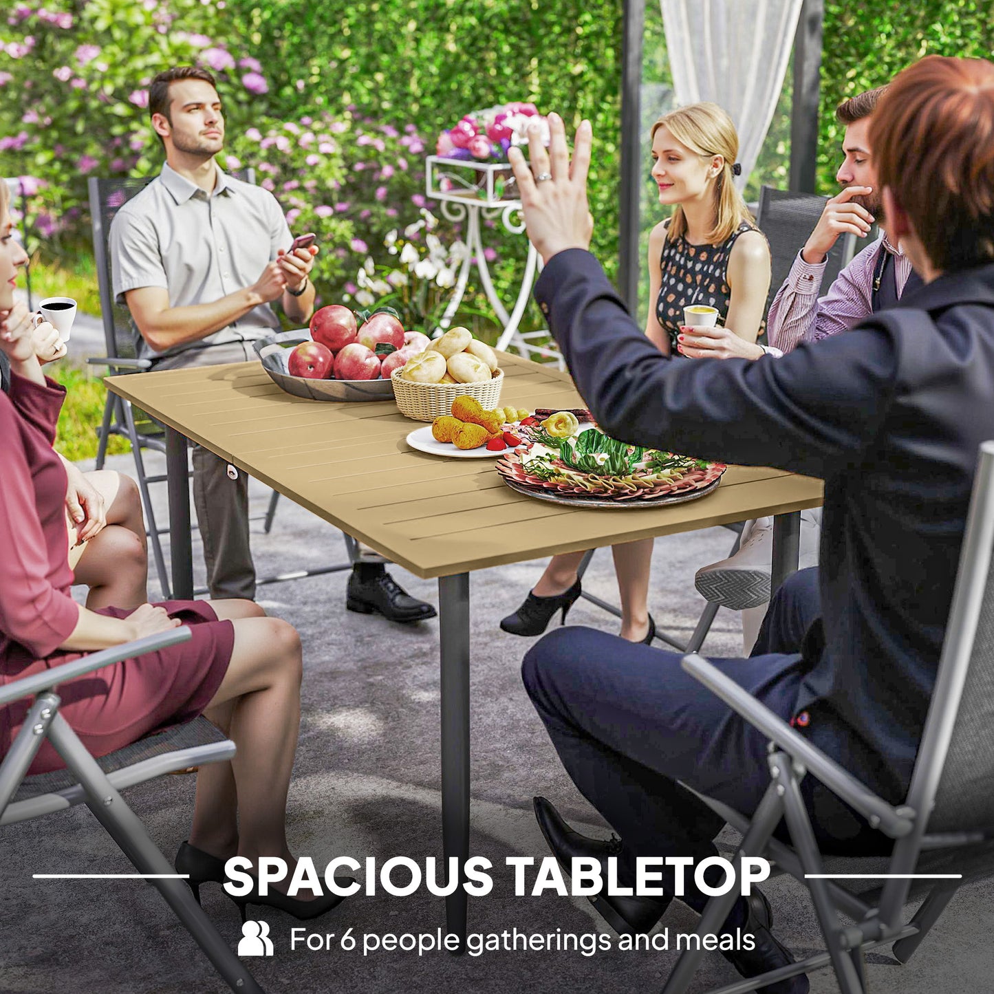 Outsunny Garden Dining Table for 6, Rectangle Outdoor Coffee Table w/ 5cm Parasol Hole, Slatted Top & Steel Frame for Patio/Balcony, Brown