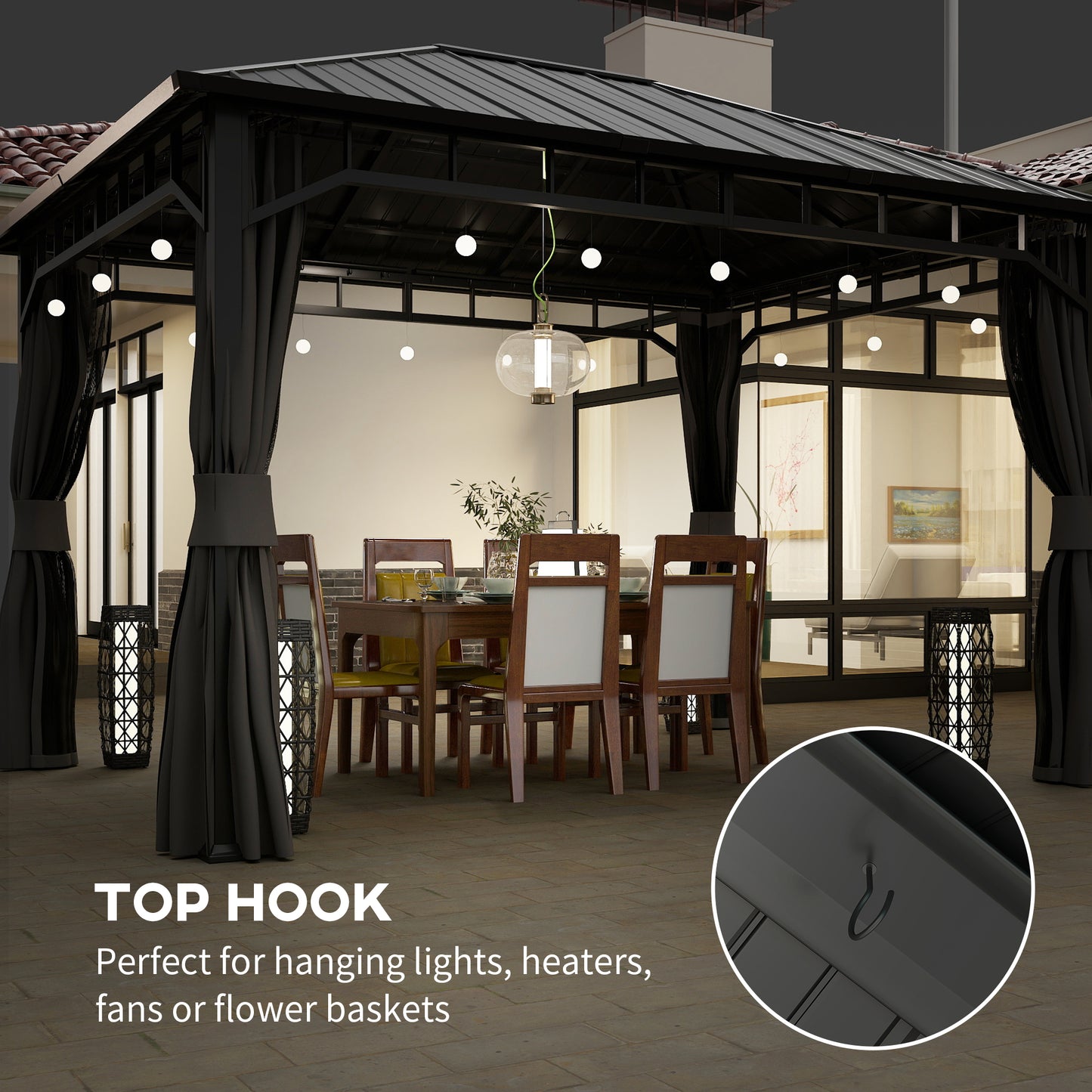 Outsunny 3 x 4m Hardtop Gazebo, Galvanised Steel Roof, Curtains, Netting, Waterproof Permanent Pavilion for Patio/Deck, with Water Gutter