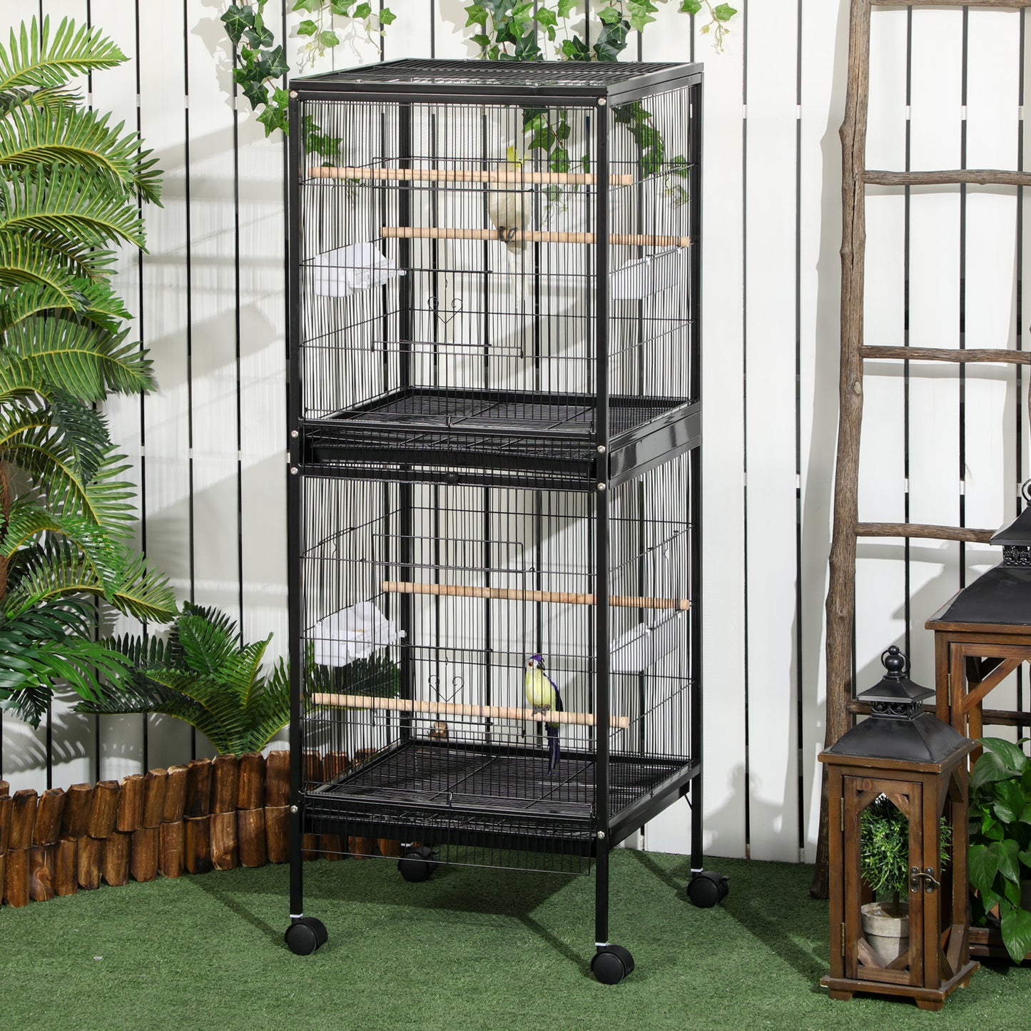 PawHut Bird Cage Budgie Cage 2 In 1 Large Aviary with Wheels Removable Trays for Finch Canaries Cockatiels Black