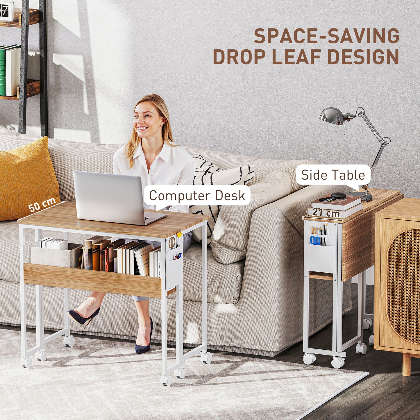 HOMCOM 80 cm Folding Desk with Storage Shelf and Drop Leaf on Wheels - Natural Wood Finish