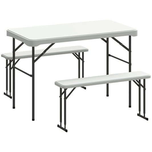 Outsunny 3 Piece Folding Picnic Table & Bench Set, Portable HDPE with Carry Handle for Indoor/Outdoor, Light Grey