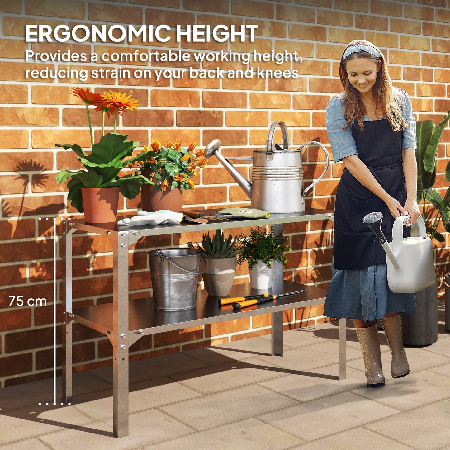 Outsunny 2-Tier Potting Bench Table, Galvanised Steel with Storage Shelf, for Garden/Patio/Greenhouse