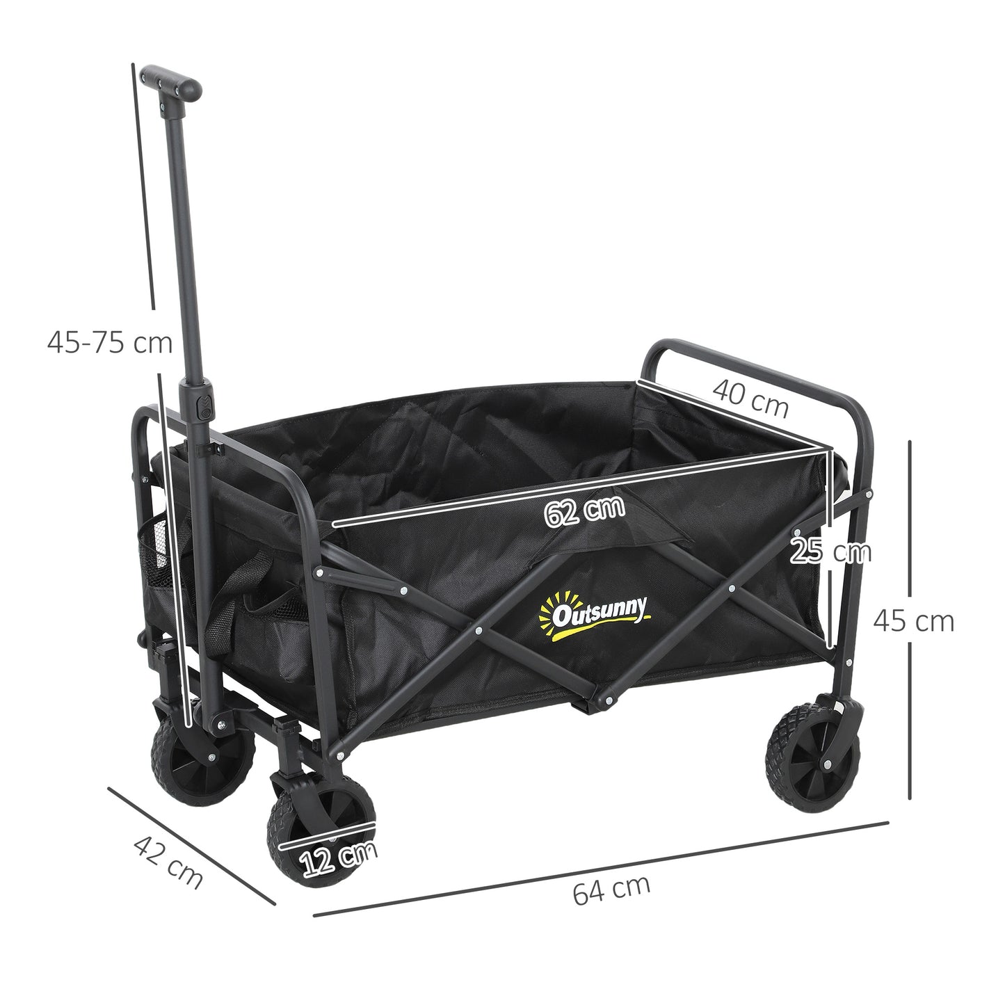 Outsunny 62L Festival Trolley, Folding Wagon with Adjustable Handle & Bag, 120kg Capacity, for Beach/Camping/Festival, Black