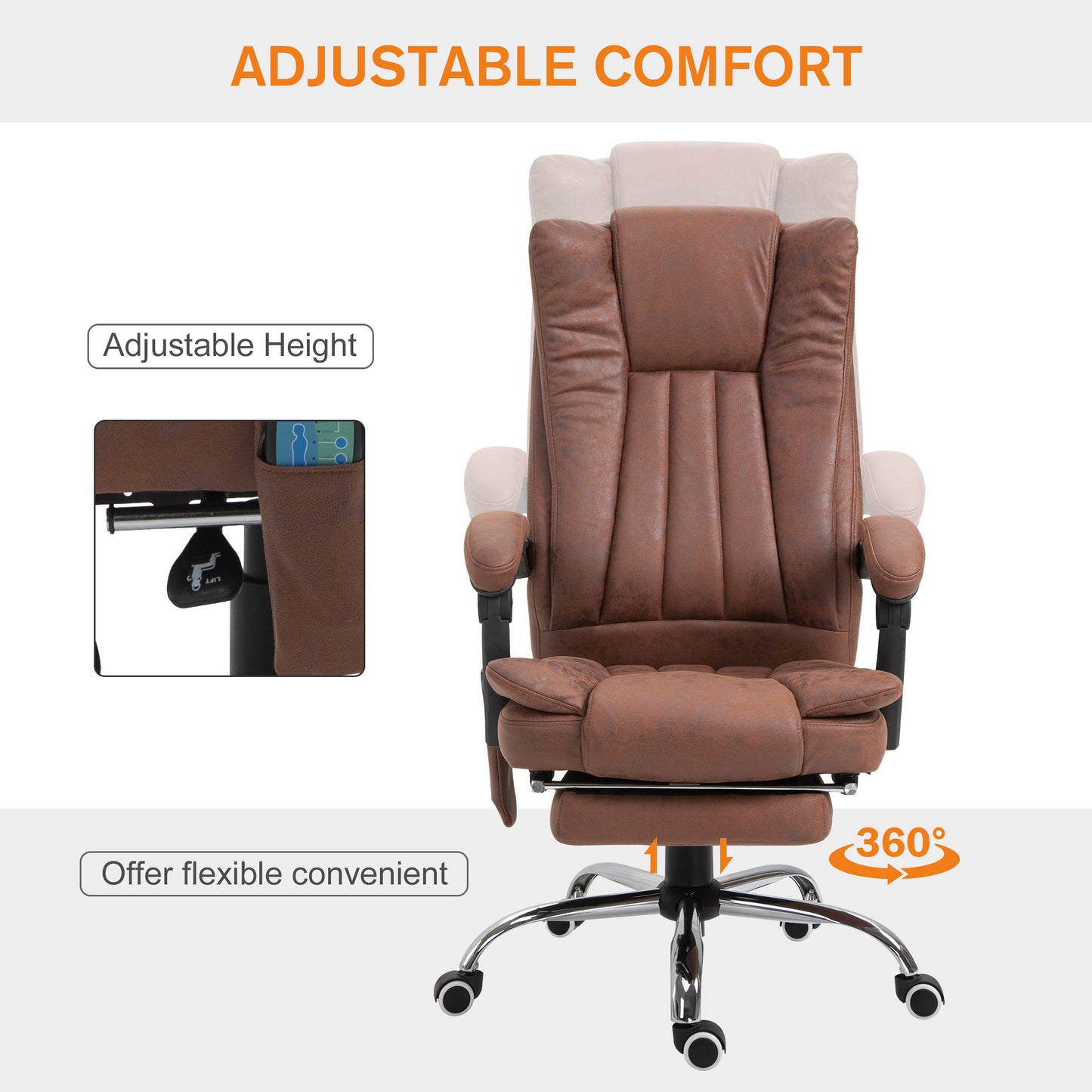 Vinsetto High Back Vibration Massage Office Chair, Heated Reclining Leathaire Fabric Computer Chair with Footrest, Brown
