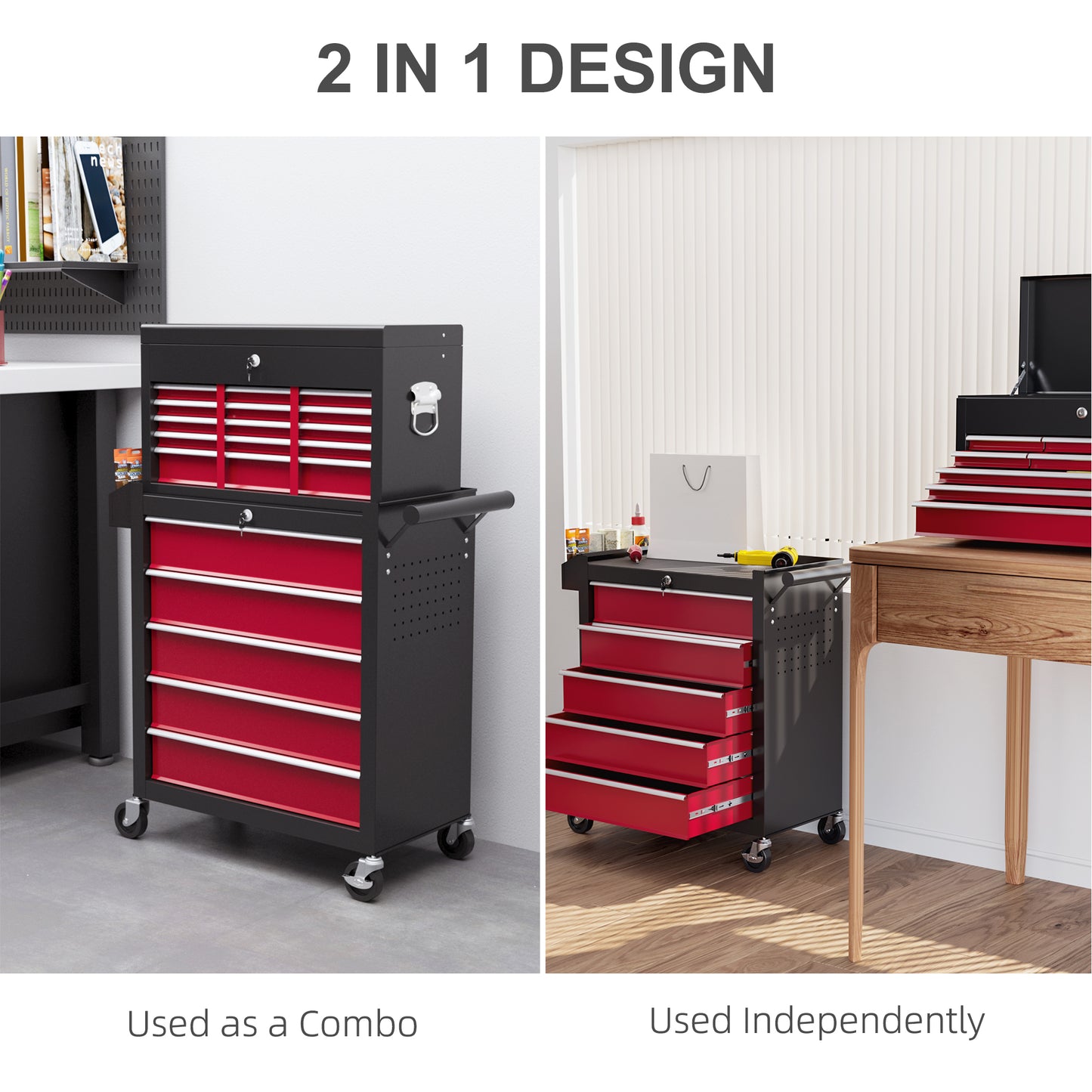 HOMCOM Rolling Tool Cabinet on Wheels with 14 Drawers, Pegboard and Side Rack, Lockable Top Tool Chest and Roller Cabinet Combo for Workshop and Home, Red