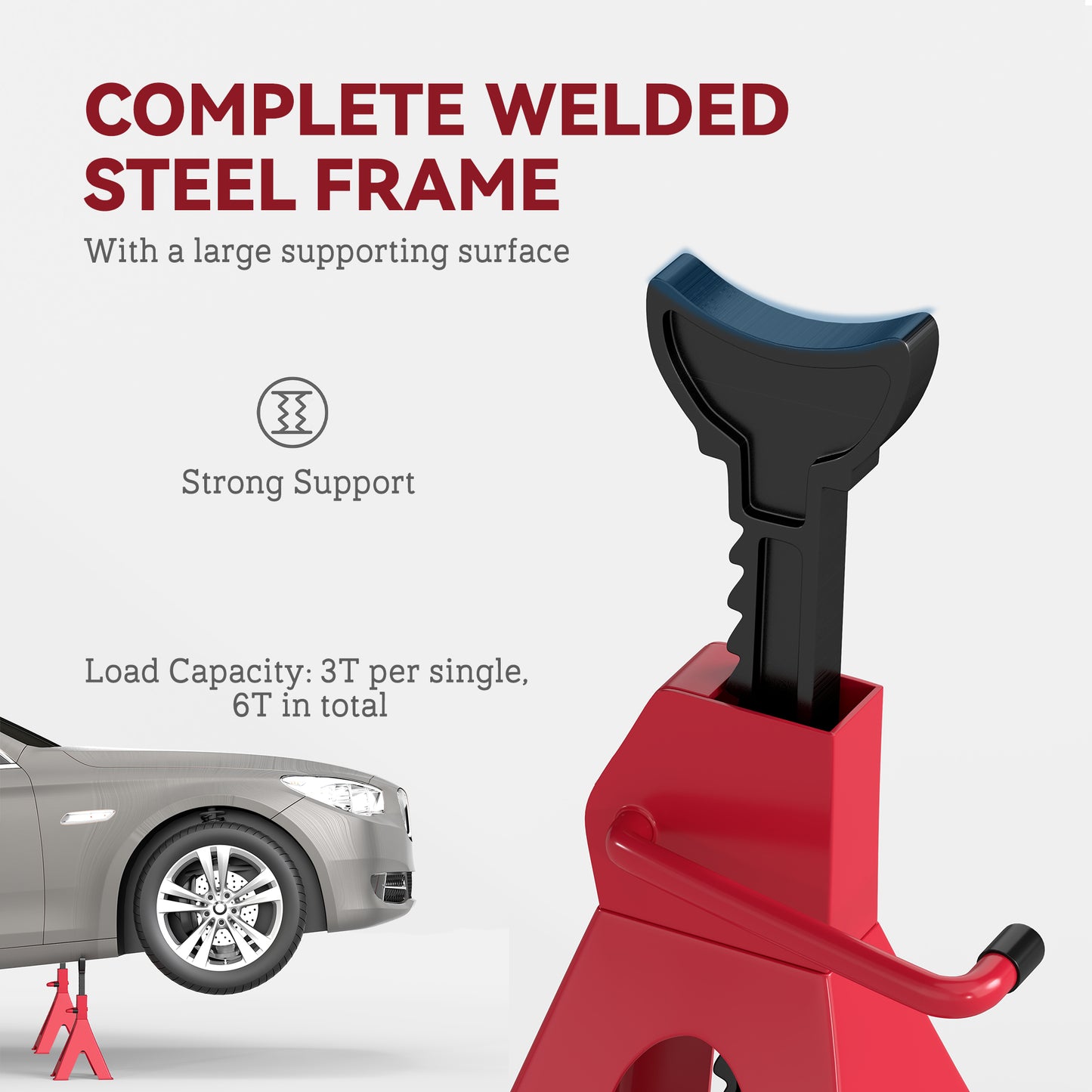 HOMCOM Axle Stands 3 Ton, Pack of 2, 38.5-60 cm Adjustable Heavy Duty Car Lift Tool for Vehicles, Caravans, Workshops, Red