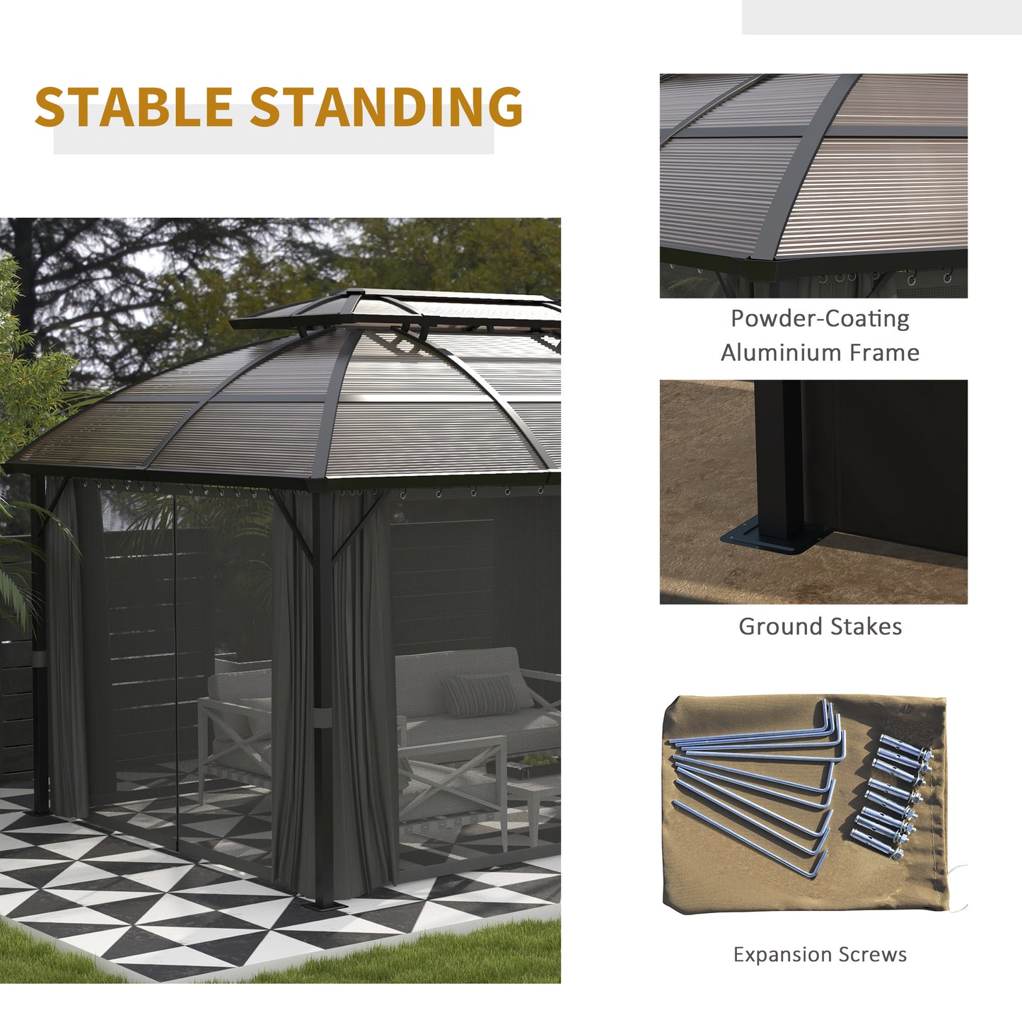 Outsunny 4 x 3m Aluminium Frame Hard Gazebo with Accessories - Brown