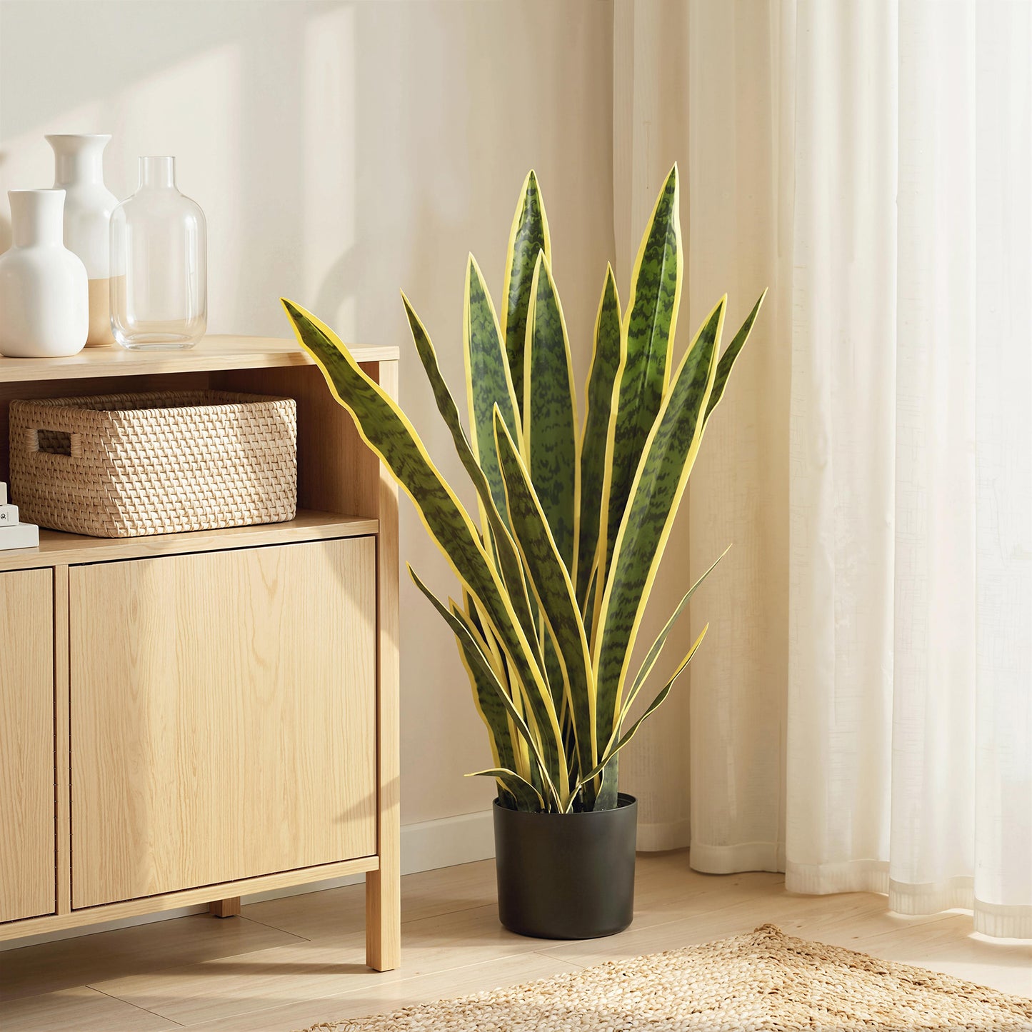 Outsunny Artificial Snake Plant 21 Variegated Leaves Fake Plant in Pot Indoor Outdoor Decor Green