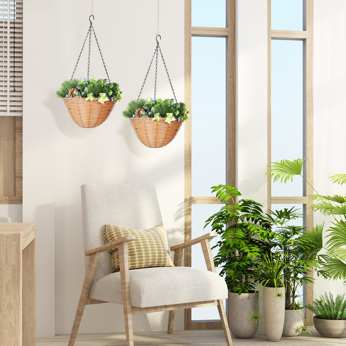 HOMCOM Artificial Flowers in Basket, Set of 2, with PE Leaves, 18 Flowers & 3 Pinecones, Decorative Faux Plant for Home/Office Decor, Green