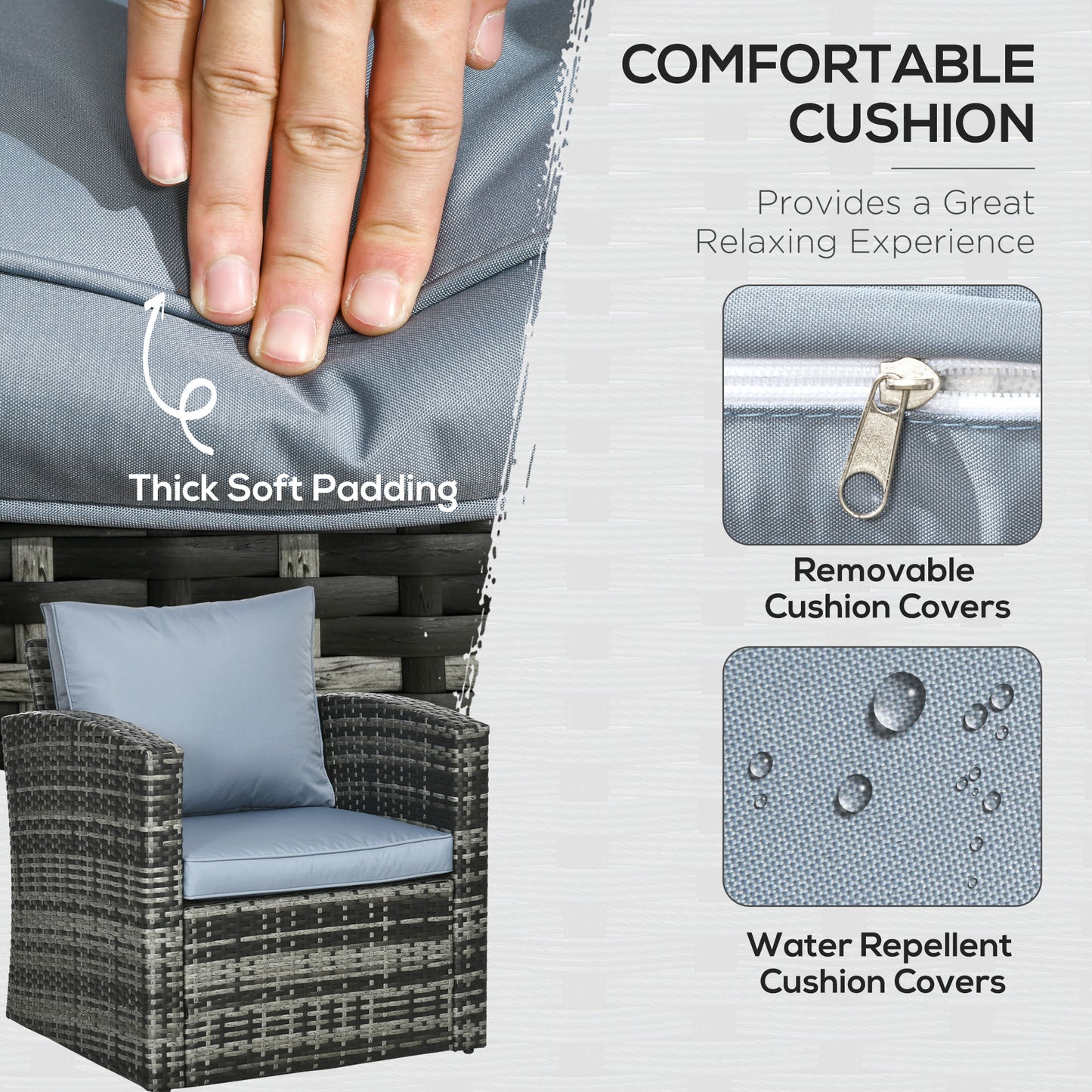 Outsunny 6-Piece Rattan Garden Furniture Set, 7-Seater with Storage, Tea & Side Table, Cushions, Grey.