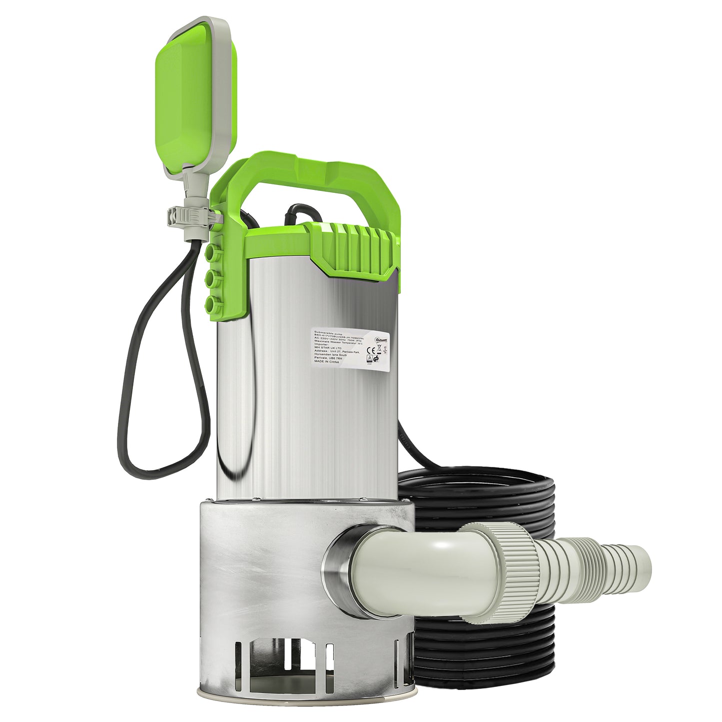 Outsunny 1100W Submersible Water Pump, 18500L/H Sump Pump with Float Switch, for Dirty/Clean Water, Portable and Lightweight, Green.