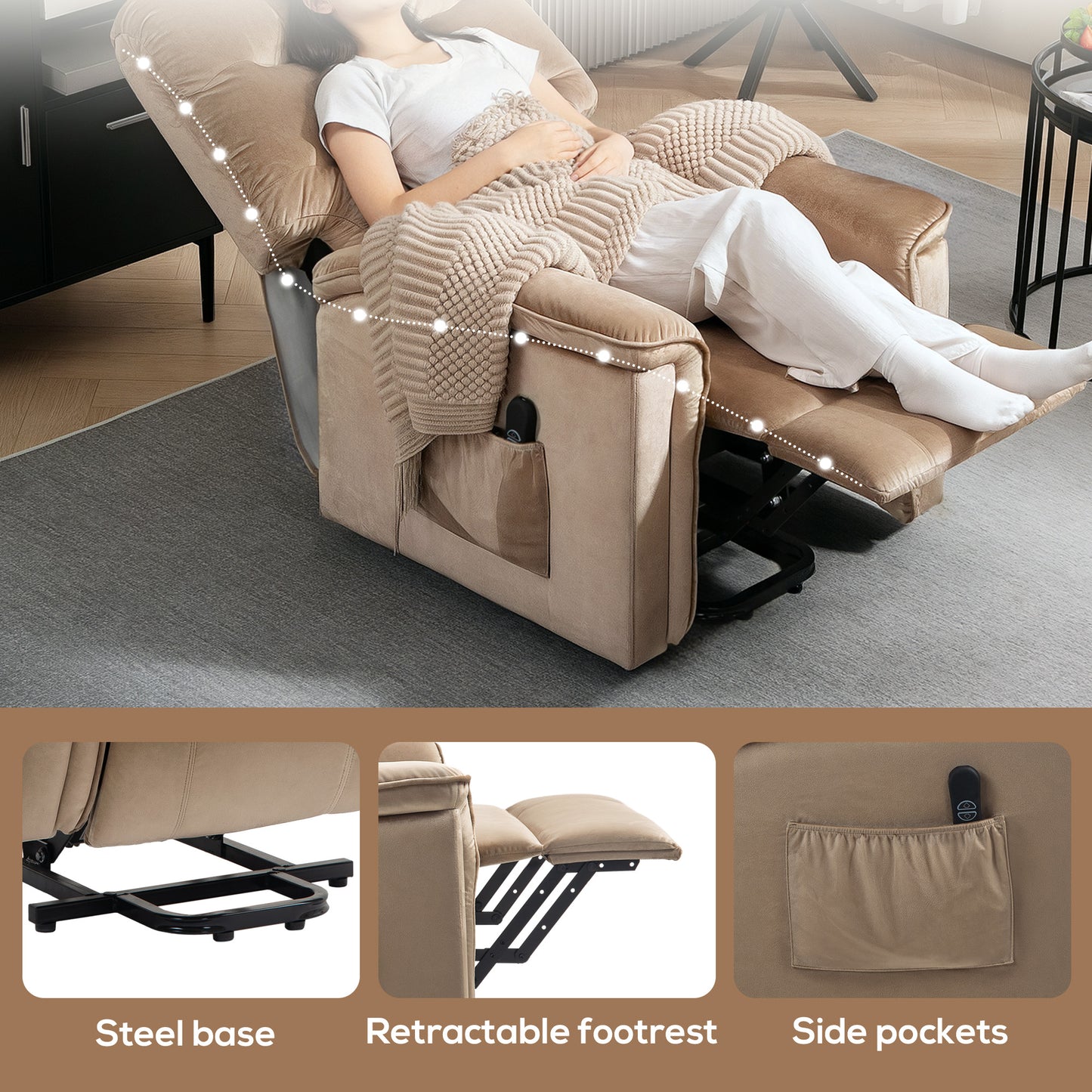 HOMCOM Velvet-Feel Electric Lift Recliner Chair - Brown