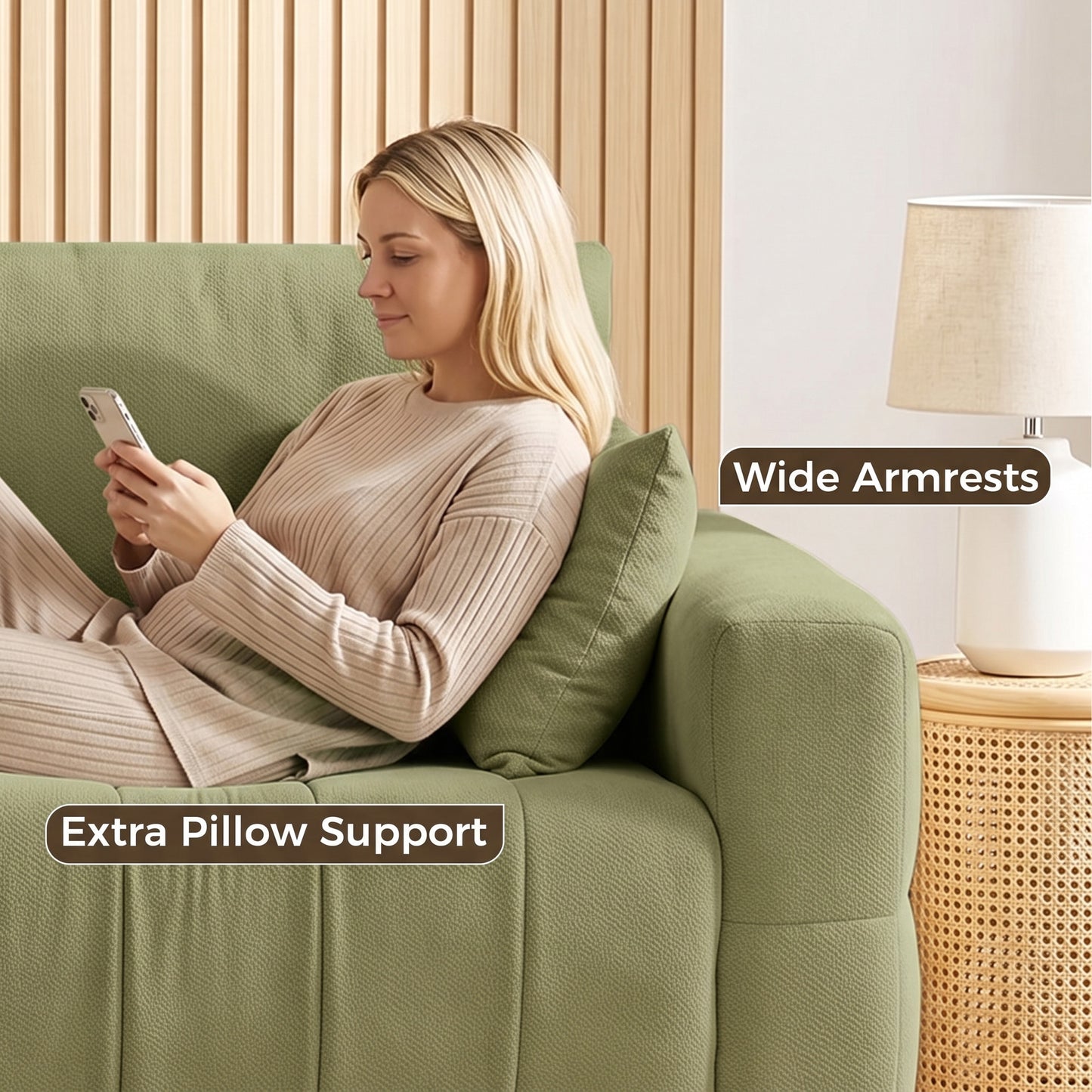 HOMCOM 3 Seater Sofa, Upholstered Velvet Couch for Bedroom with Pillows, Padded Cushion and Wood Legs, Green