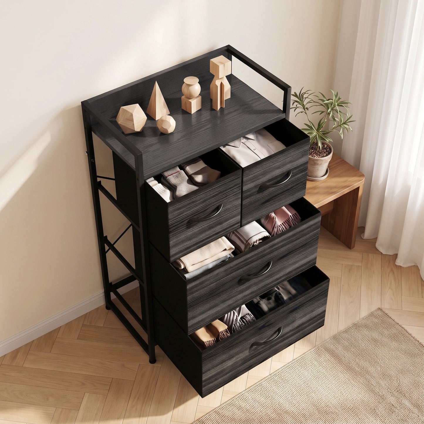 HOMCOM Rustic Chest of Four Fabric Drawers - Black Wood Effect