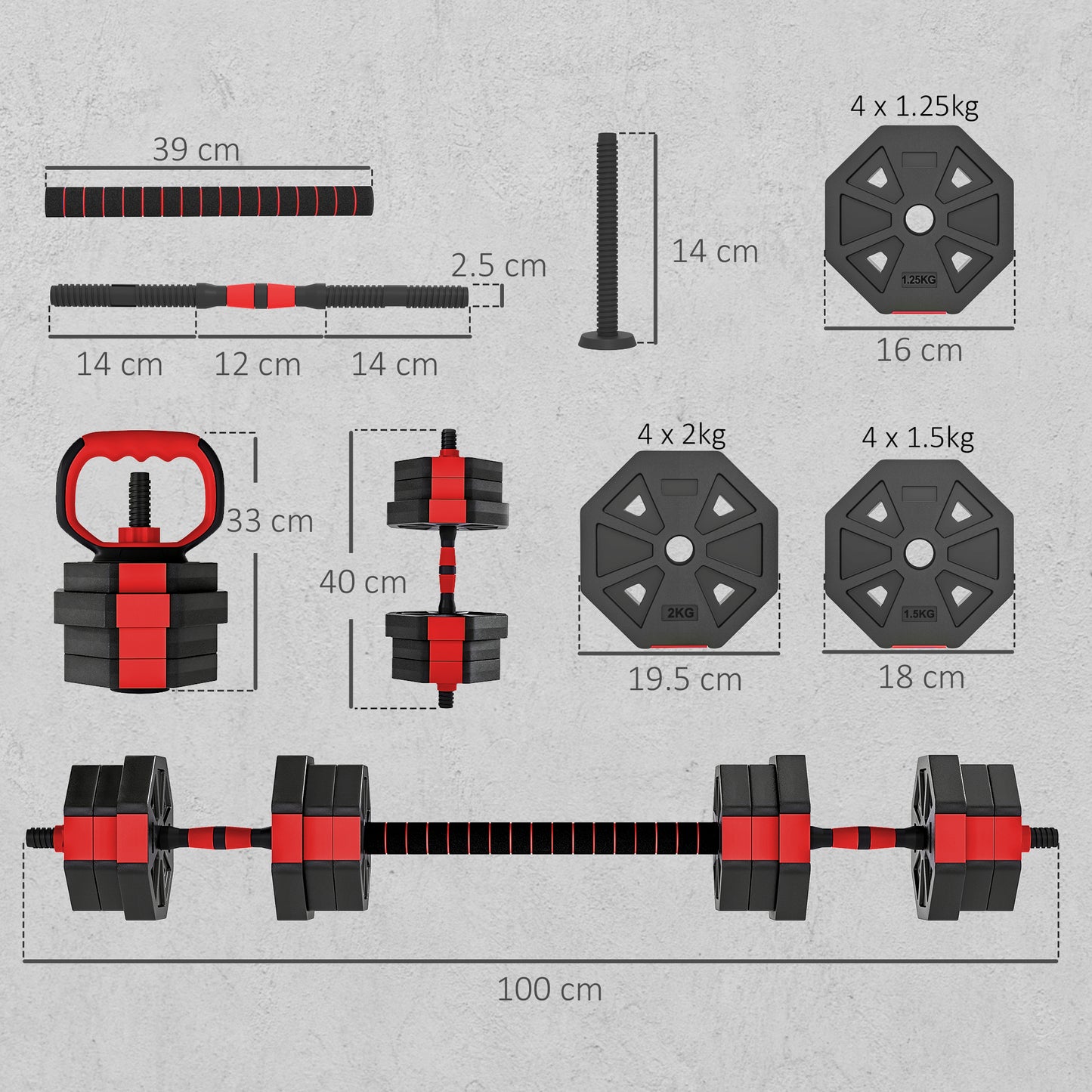 SPORTNOW 4-in-1 Adjustable Weight Set, Use as Kettlebell, Barbell, Dumbbell, Push-Up Stand, 20kg Home Gym Training, Red