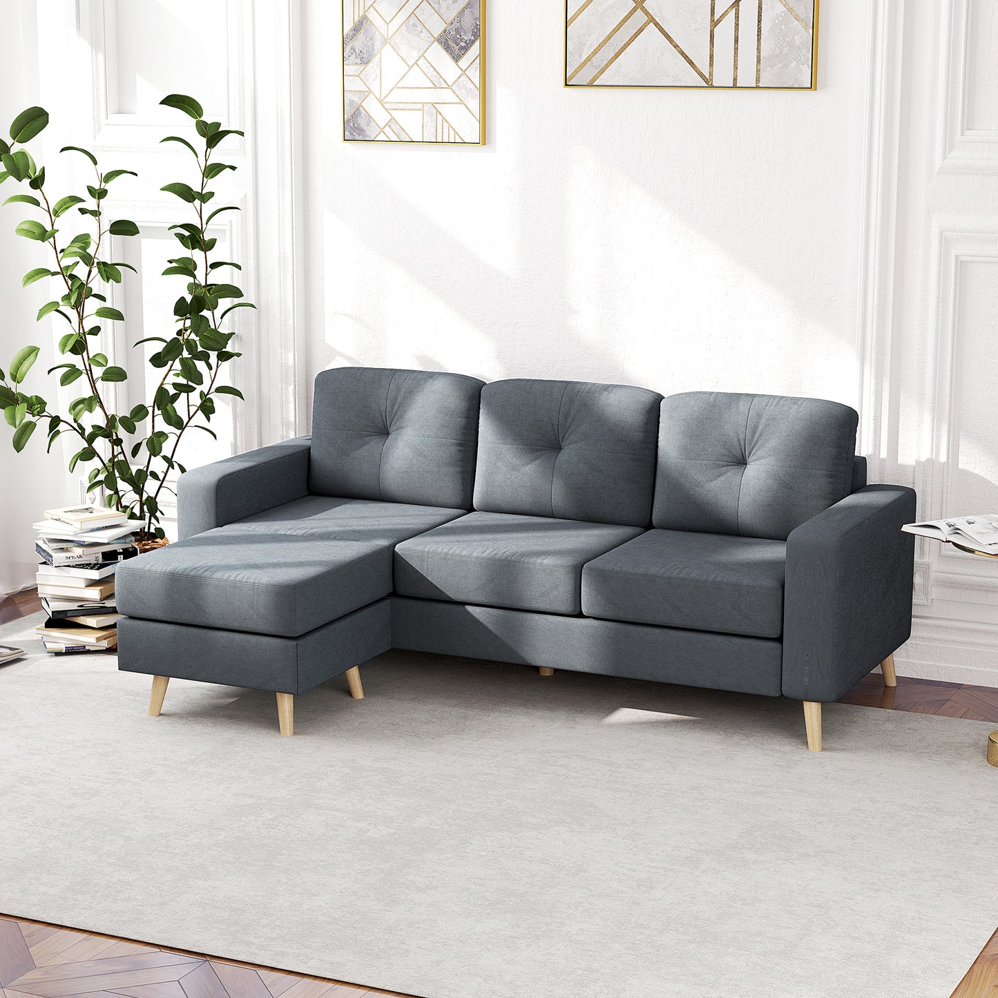 HOMCOM 3 Seater Fabric L-Shaped Sofa with Footstool, Sectional Couch, Wood Legs, Tufted Back for Small Spaces, Living Room/Office, Dark Grey
