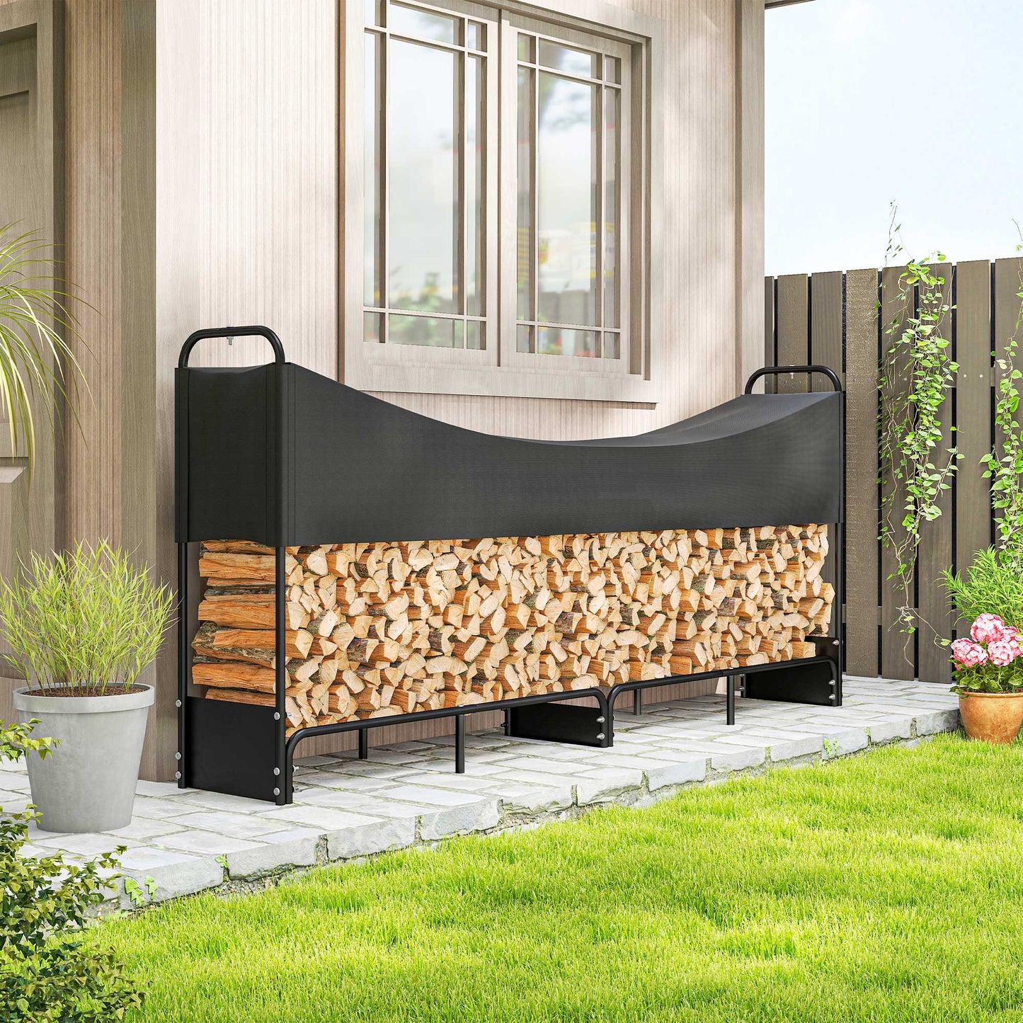 Outsunny Firewood Rack, 8.5ft Heavy Duty Log Storage with Waterproof 600D Oxford Cover, 300 kg Capacity, Black