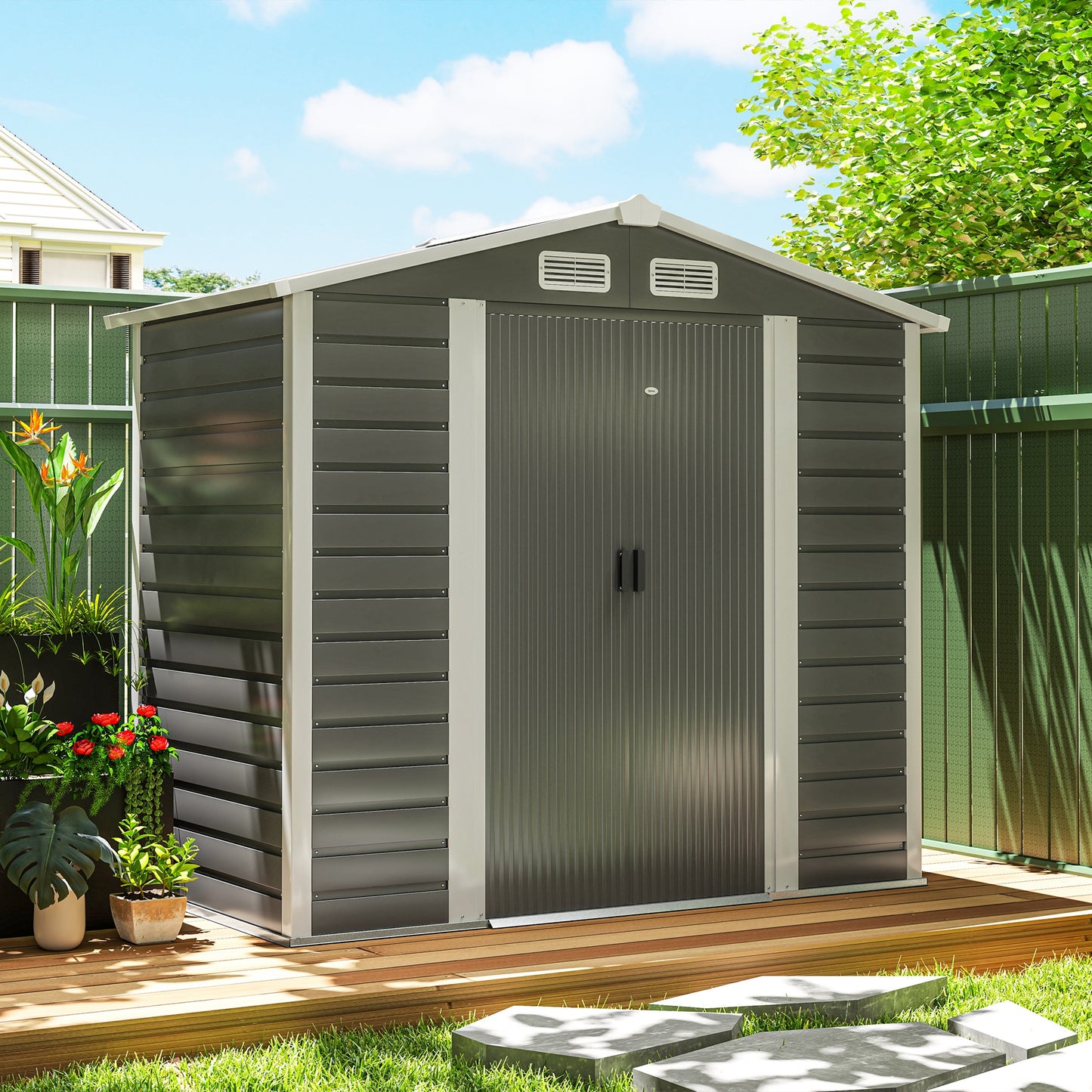 Outsunny Garden Shed, 7x4ft, Easy to Assemble, Upgraded Galvanised Steel with Foundation & Lockable Double Doors, Vents & Gloves, Dark Grey