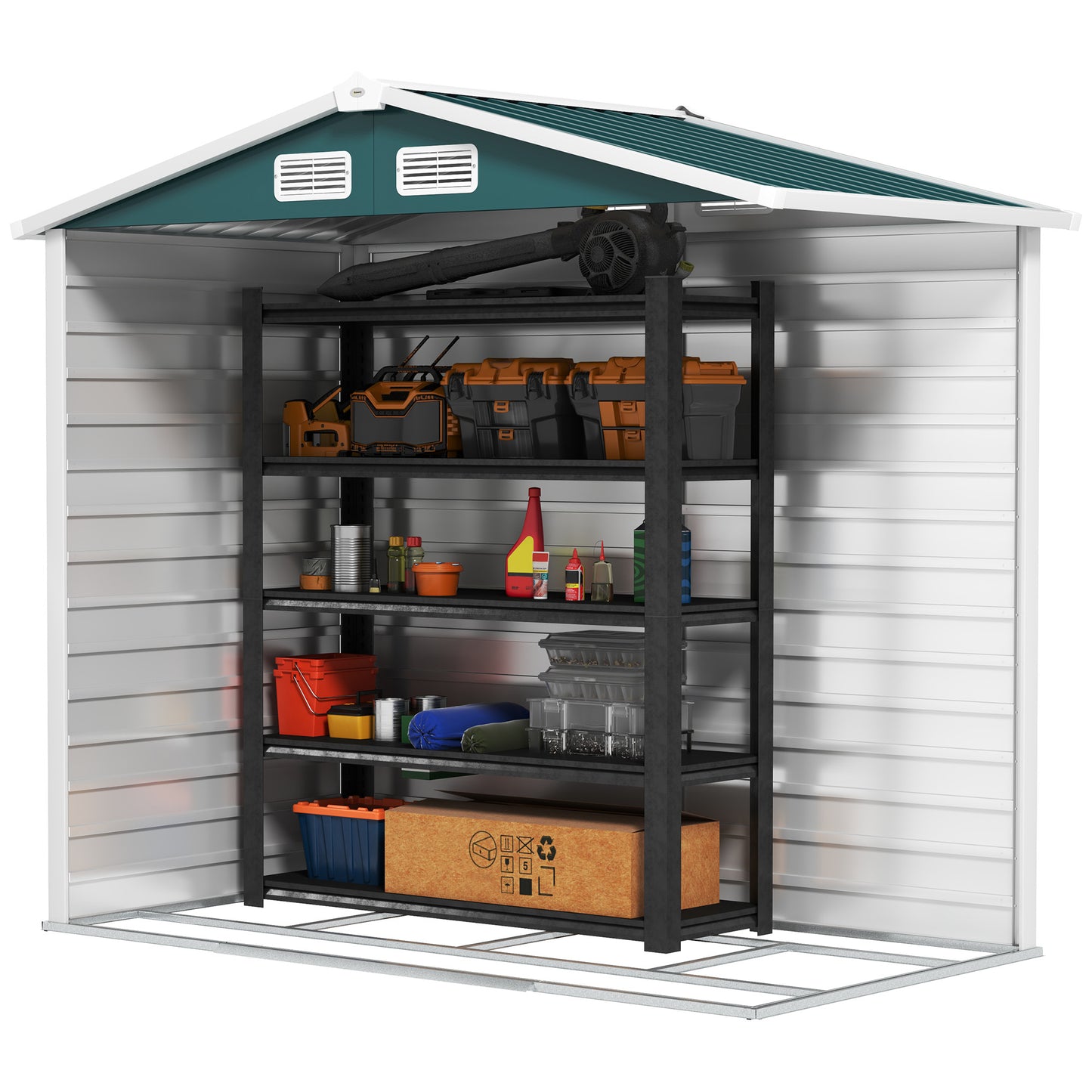 Outsunny Garden Shed 7x4ft, Easy Assembly, Upgraded Galvanised Steel, Double Lockable Doors, Vents & Gloves, Foundation Kit, Green