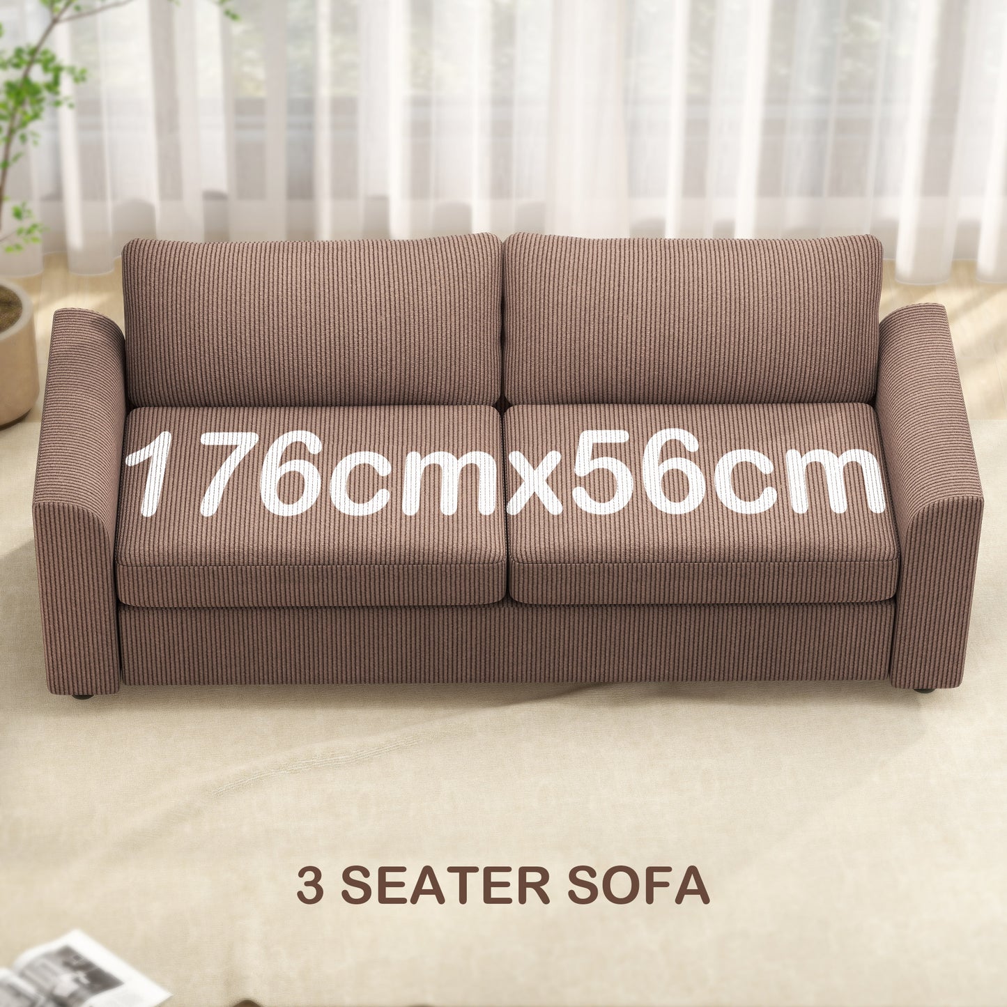 HOMCOM 3 Seater Fabric Jumbo Cord Sofa, Upholstered Corduroy Settee with Spring and Scatter Cushions for Living Room, Coffee