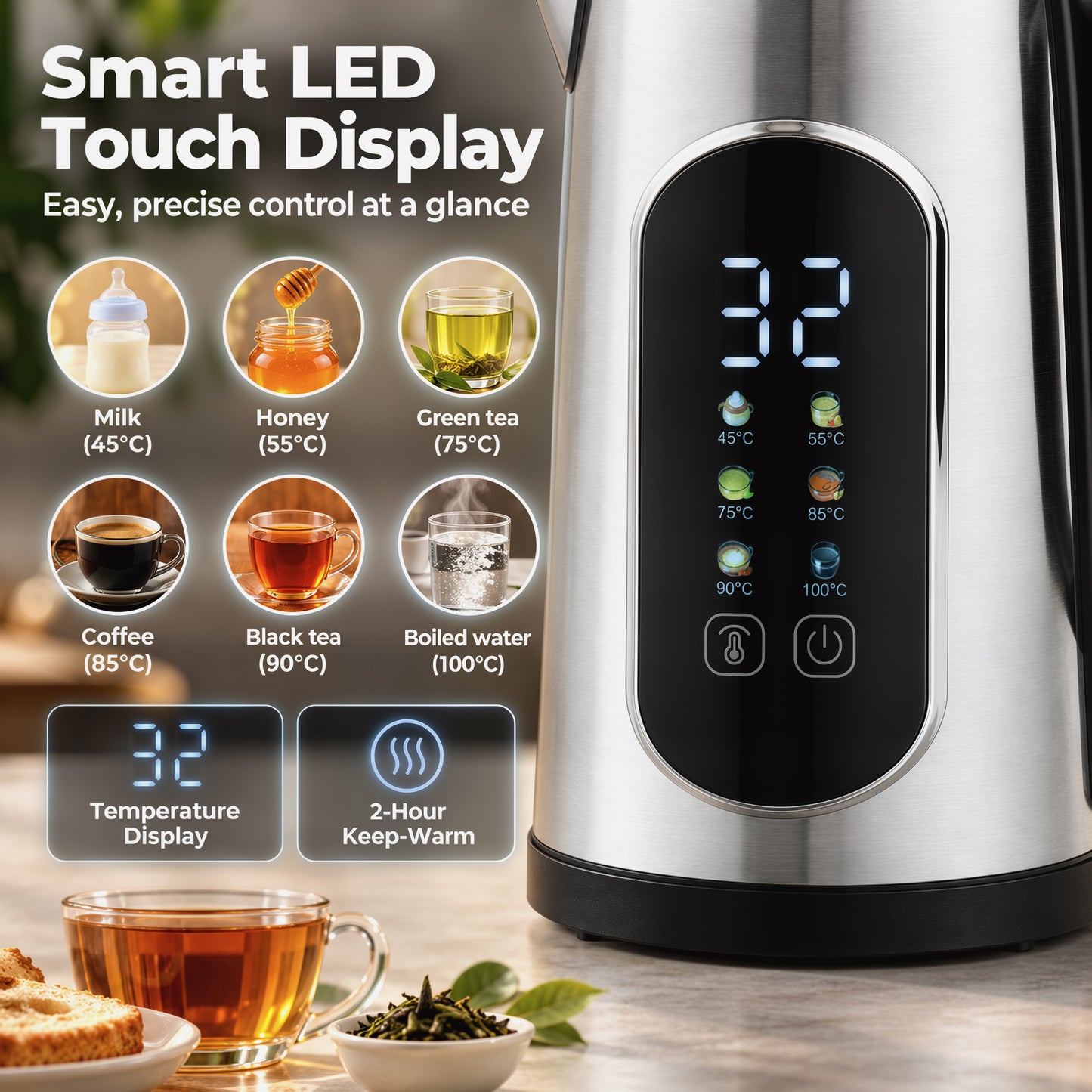 HOMCOM Kettle and Toaster Set with LED Touch Screen, Kettle with Strix Thermostat, 2 Slice Toaster w/ 6 Browning Levels, Silver