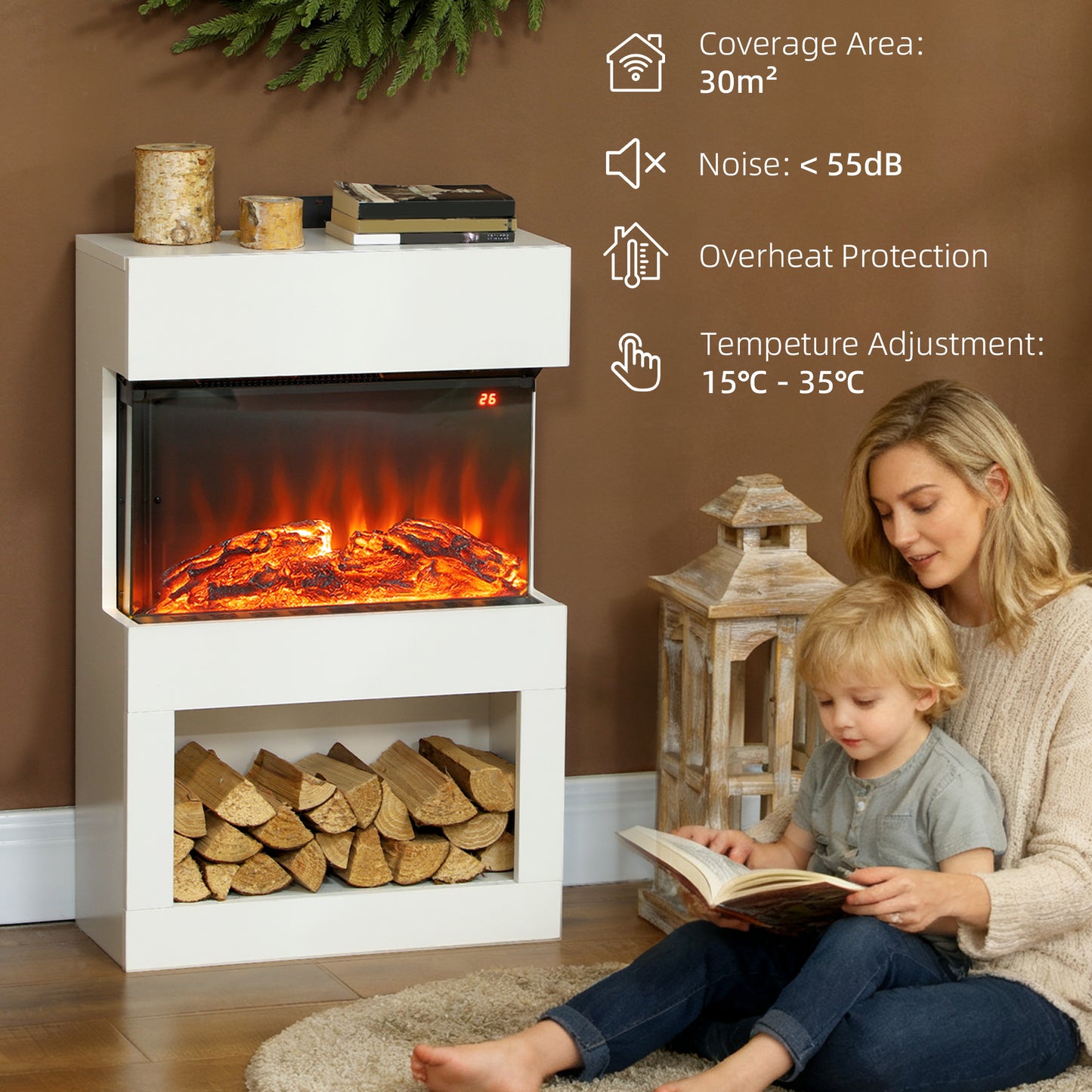 HOMCOM Electric Fireplace with 3D Flame, 6 Colors, 3 Brightness, 1000W/2000W, Remote & Timer, 3-Sided View, Heats 30m², White