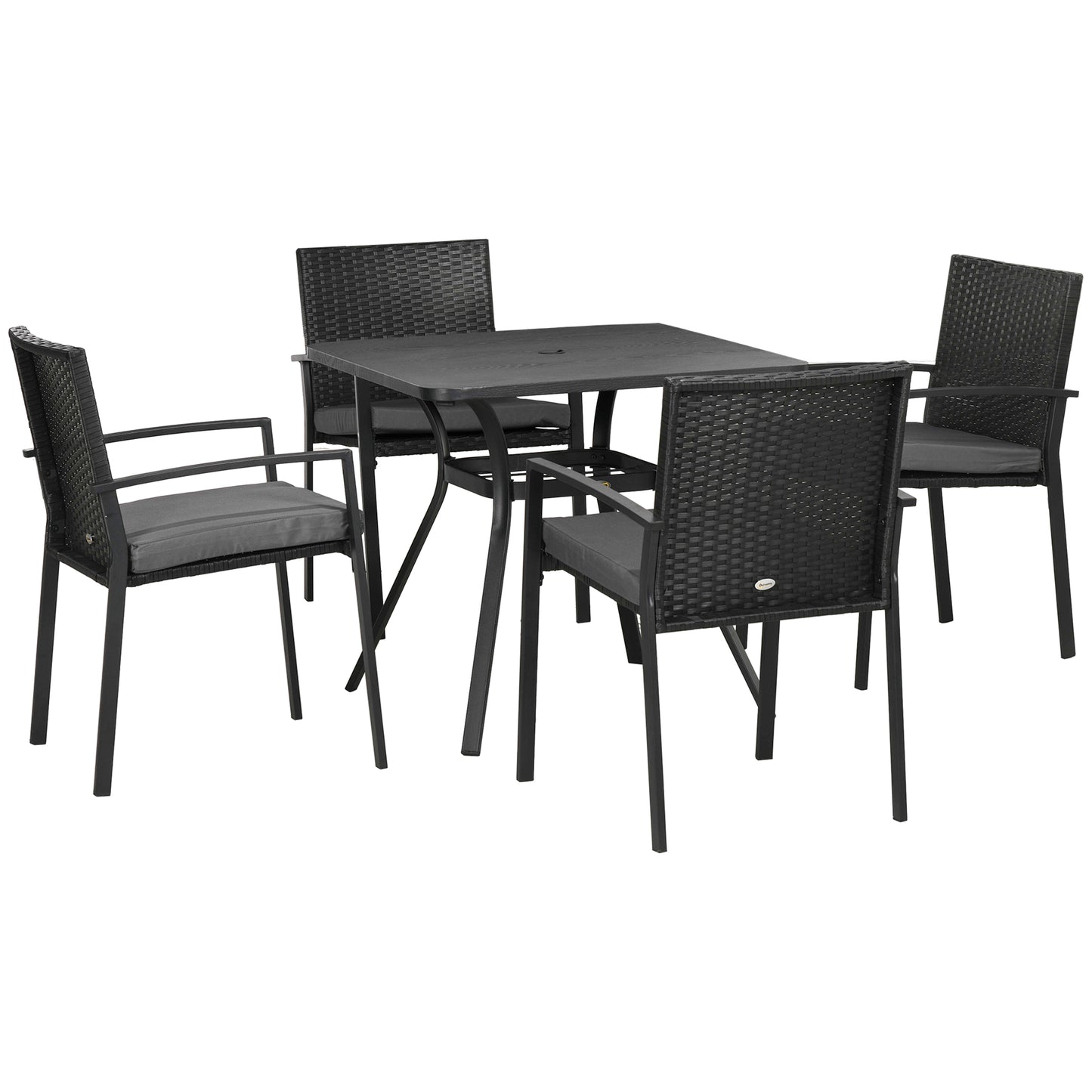 Outsunny 4 Seater Rattan Garden Furniture Set 5 Pieces Outdoor Dining Set with Cushions Umbrella Hole - Black