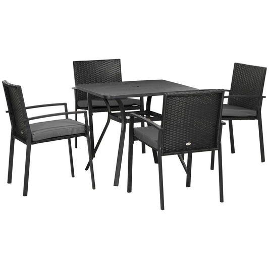 Outsunny 4 Seater Rattan Garden Furniture Set 5 Pieces Outdoor Dining Set with Cushions Umbrella Hole - Black
