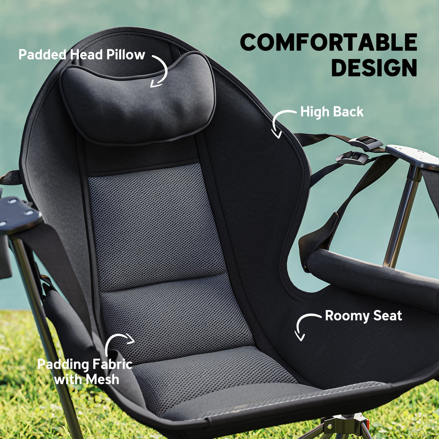 Outsunny Set of 2 Camping Chairs, Adjustable Swinging Chair with Cup Holder, Headrest & Carry Bag, Black