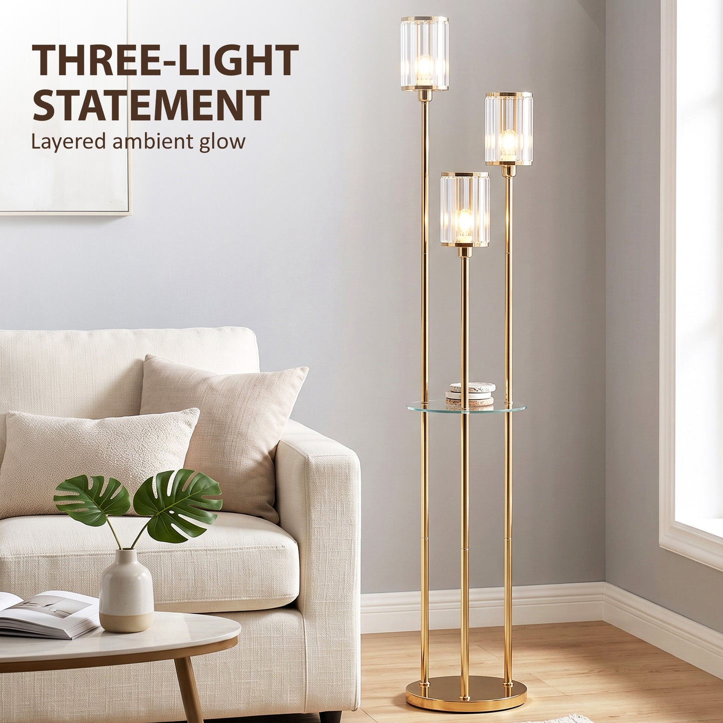 HOMCOM Floor Lamp with Shelves, 3-Light Crystal Standing Lamp with Glass Shades and Foot Switch, Bulbs Not Included, Gold Tone