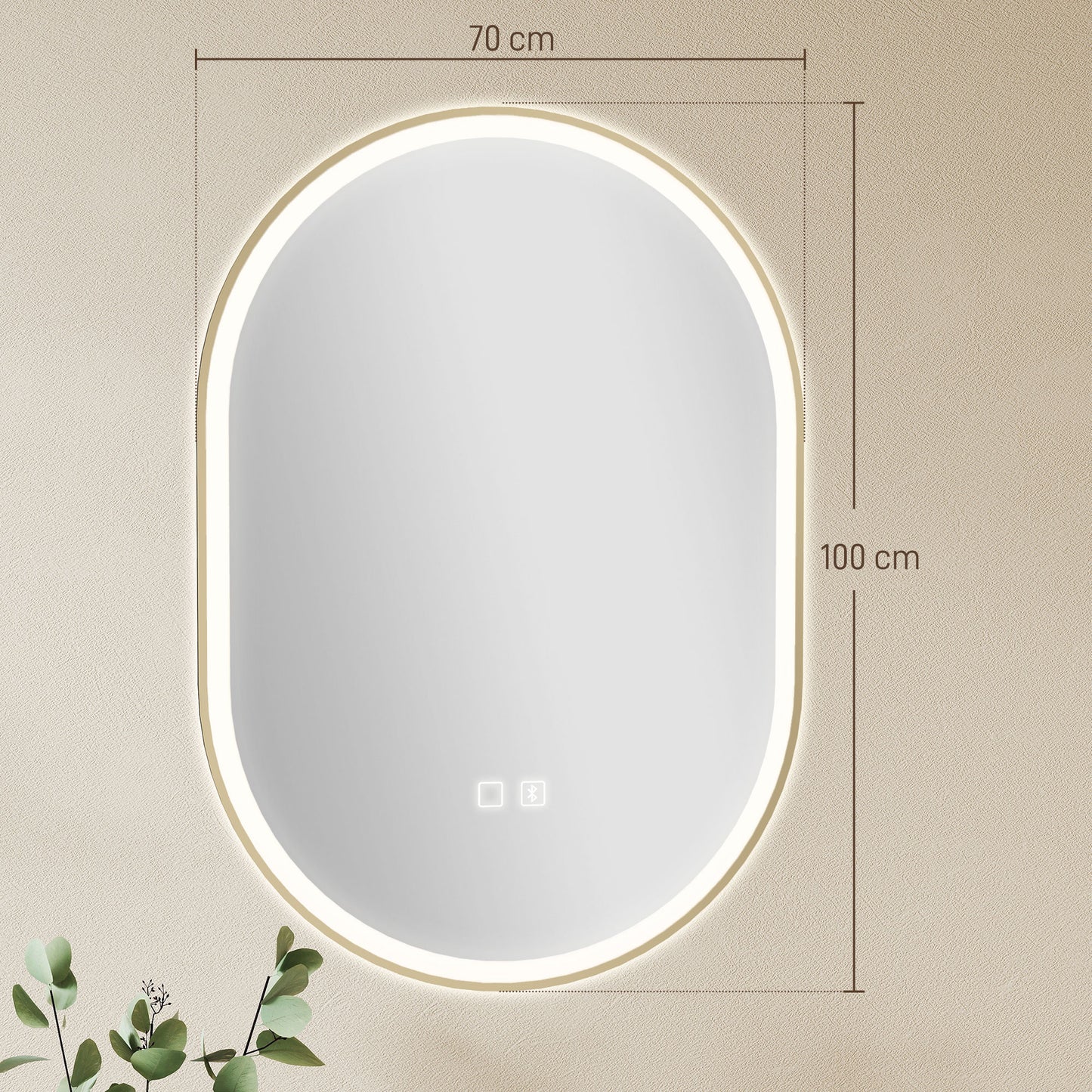 HOMCOM Bathroom Mirror with LED Lights, 100x70cm Oval Bathroom Mirror, Dimmable, Bluetooth, Anti-Fog, Gold Tone
