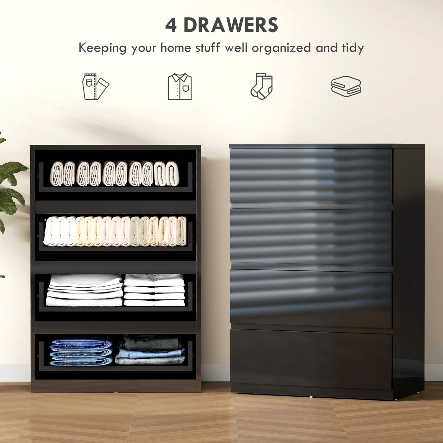 HOMCOM Chest of Drawers, 4-Drawer Storage, Modern Dresser, Storage Drawer Unit for Bedroom