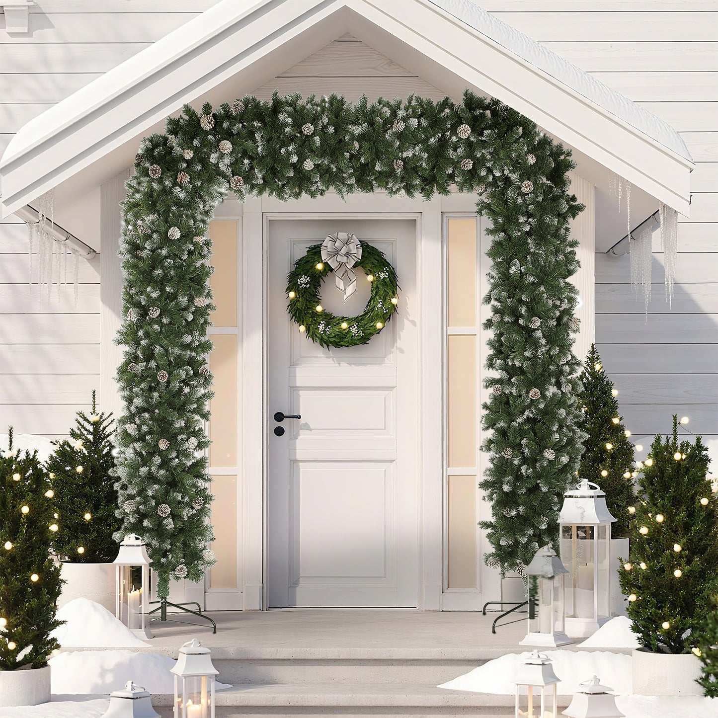 HOMCOM Christmas Tree Arch, 8.2 ft Snow Frosted with 2100 Tips & 96 Pinecones, Artificial Xmas Decoration with Metal Stand, Green
