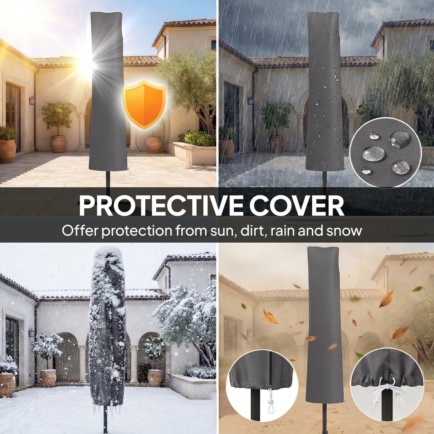 Outsunny 3 x 3 m Garden Cantilever Parasol w/ Light, Cover, UPF50+ Patio Umbrella w/ Wind Protection, 360° Rotation, Dark Grey