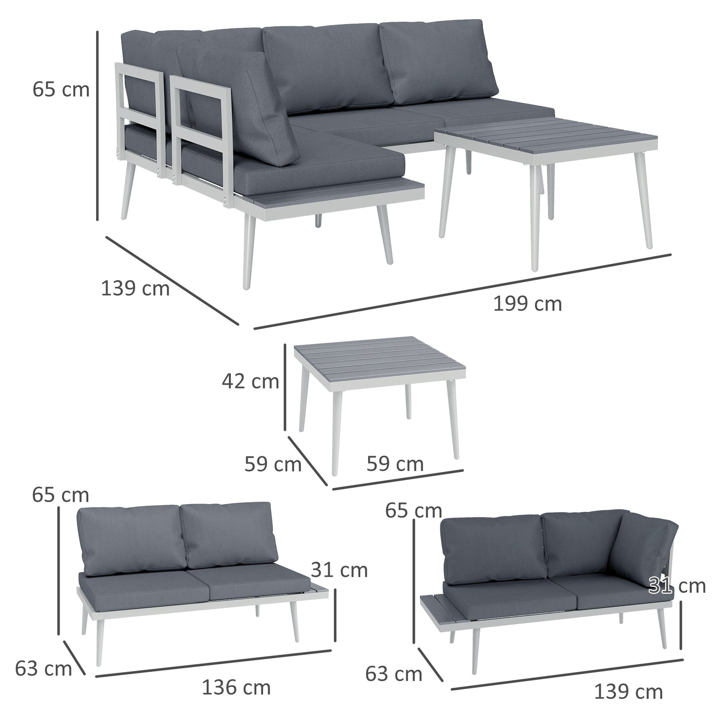 Outsunny 3 Piece Garden Furniture Set, Adjustable Lounger, L Shaped Corner Sofa with Cushions, Mesh Seat, Wood-Grain Table, Grey