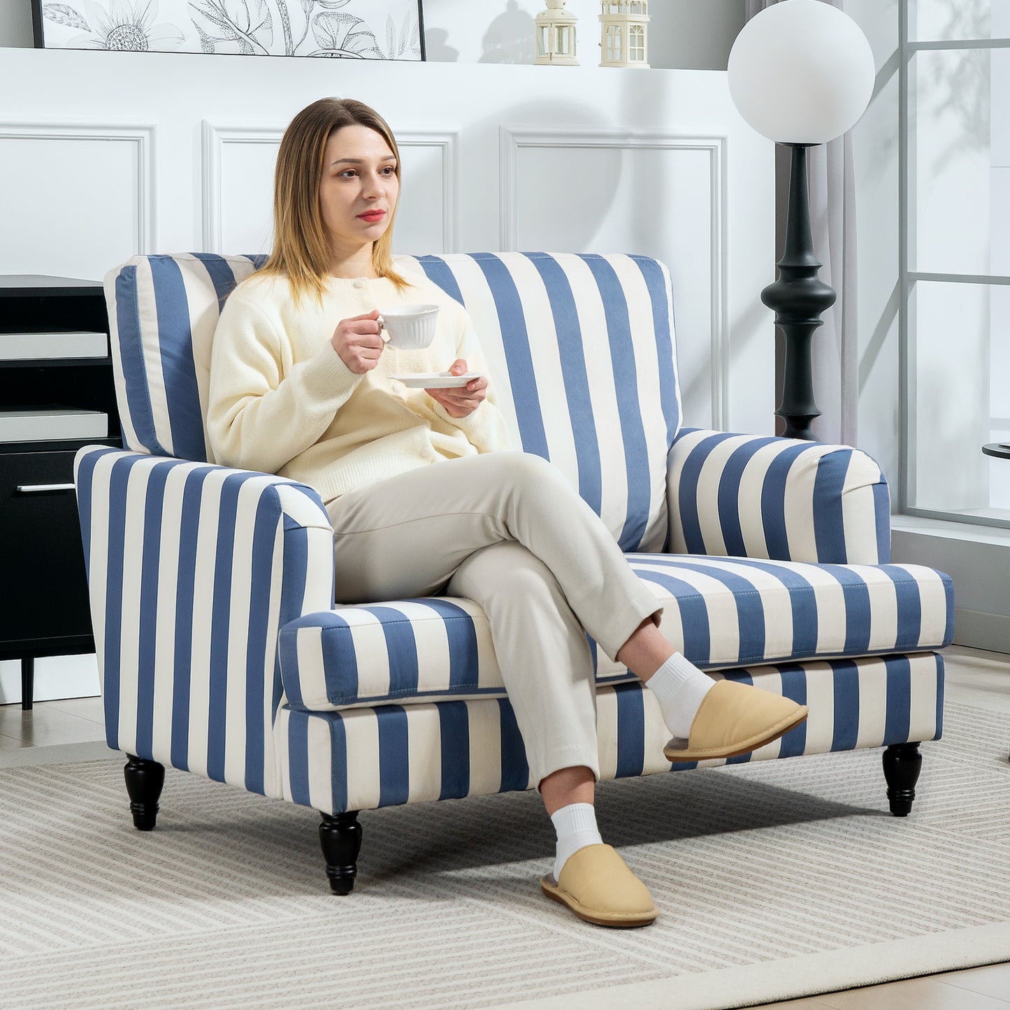 HOMCOM Velvet Single Sofa Armchair, Modern Cuddle Chair with Stripe, Turned Legs, Wide Seat for Living Room/Bedroom, Blue and White